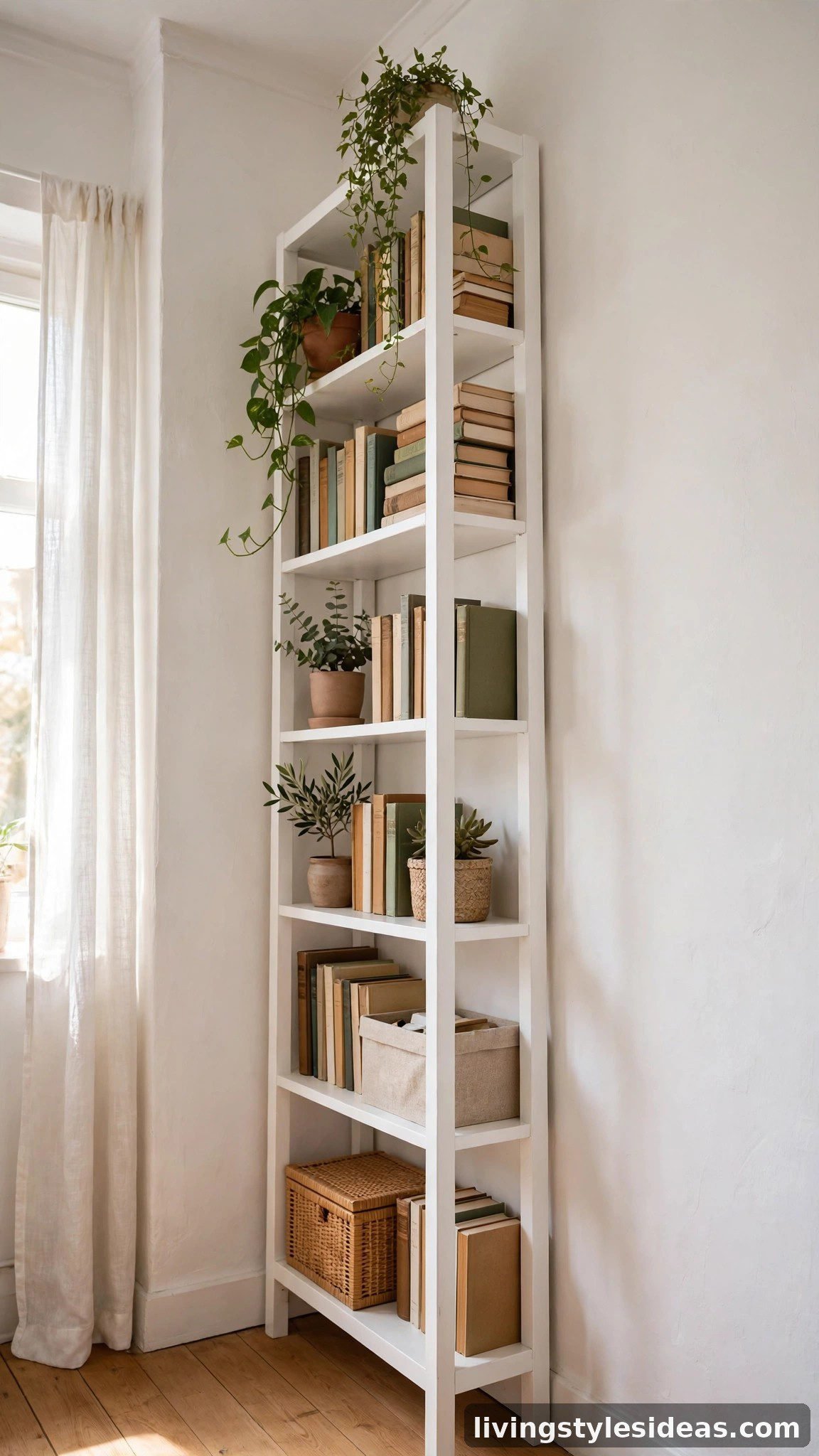 Tall shelving using vertical wall space in a studio apartment