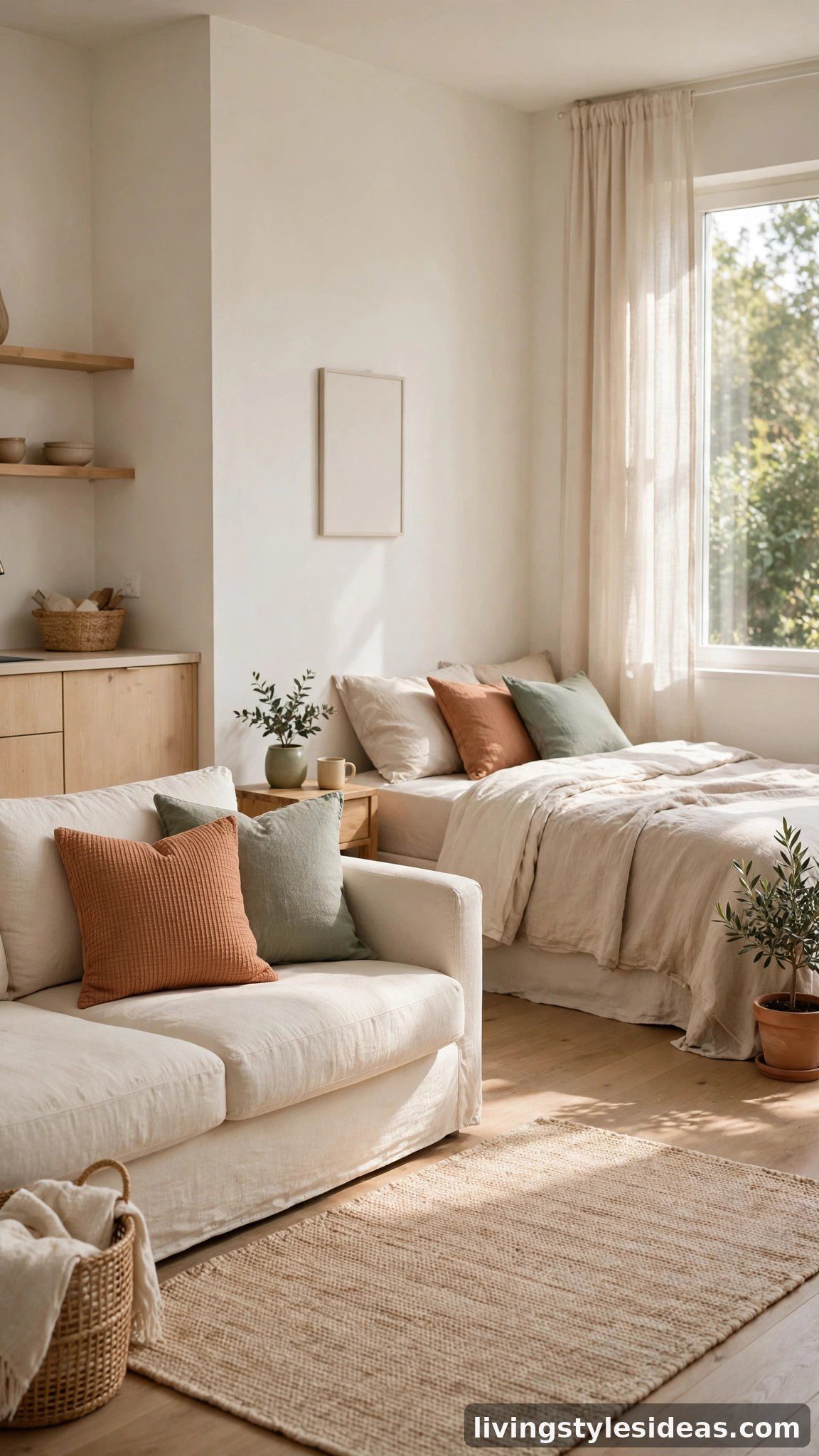 Studio apartment decorated in a light airy palette of warm whites and beiges