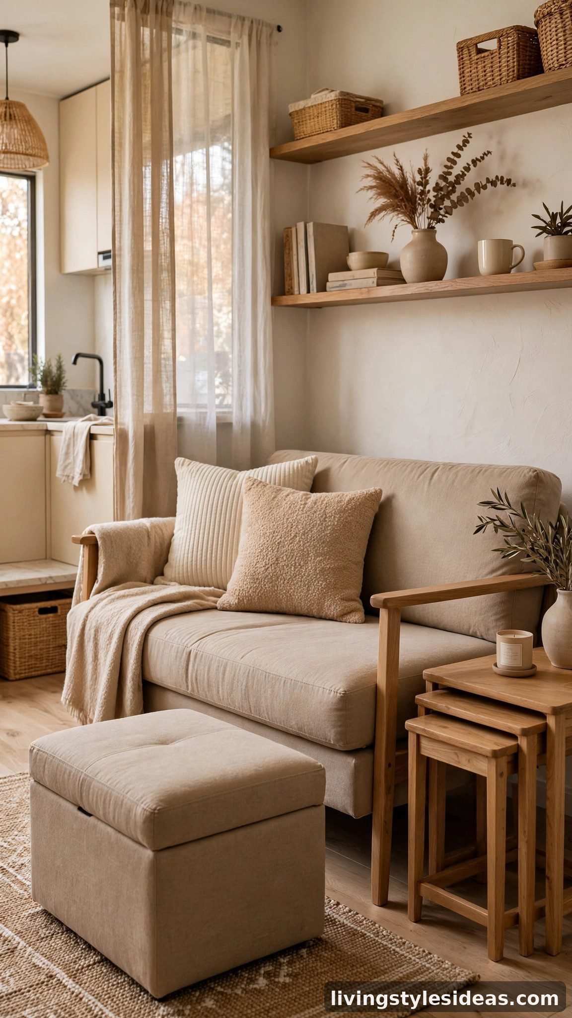Multifunctional storage ottoman and sofa bed in a studio apartment