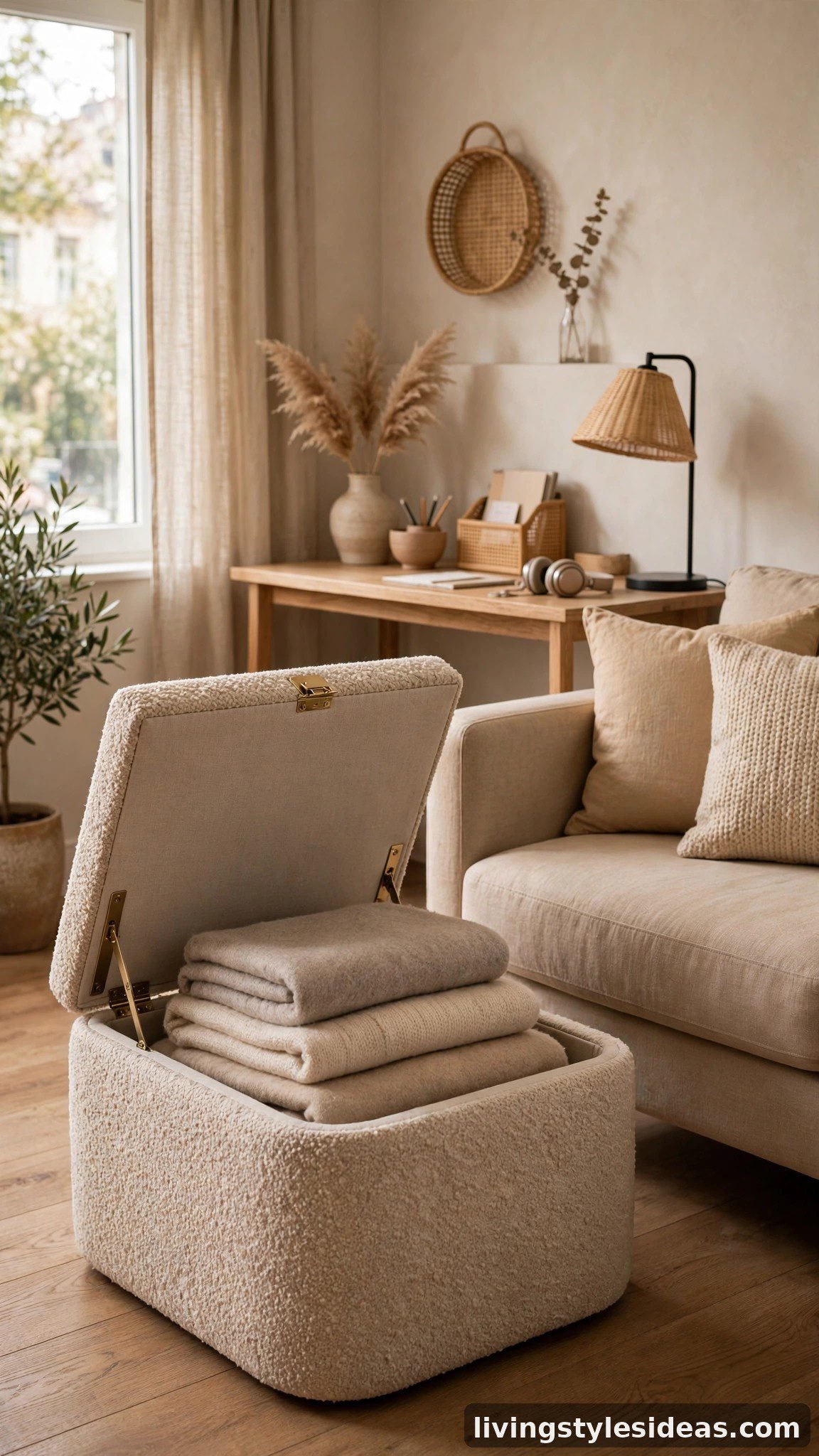 Multifunctional storage ottoman and furniture in a studio apartment