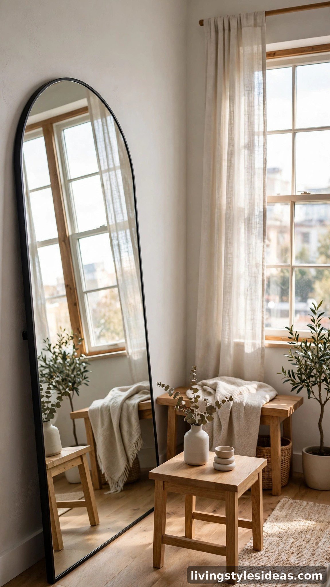 Oversized floor mirror reflecting daylight in a small studio apartment