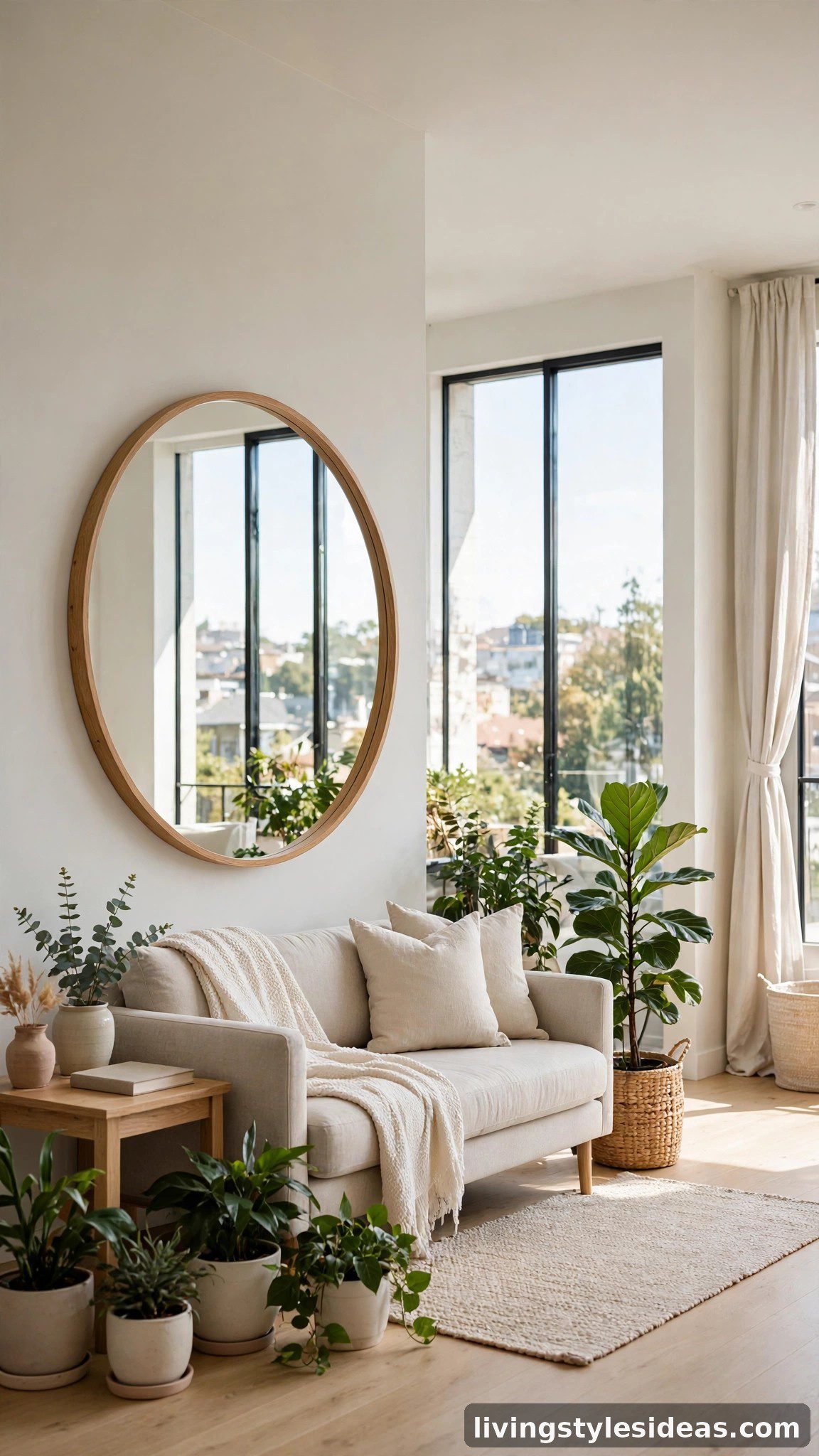 Large mirror reflecting daylight in a bright studio apartment