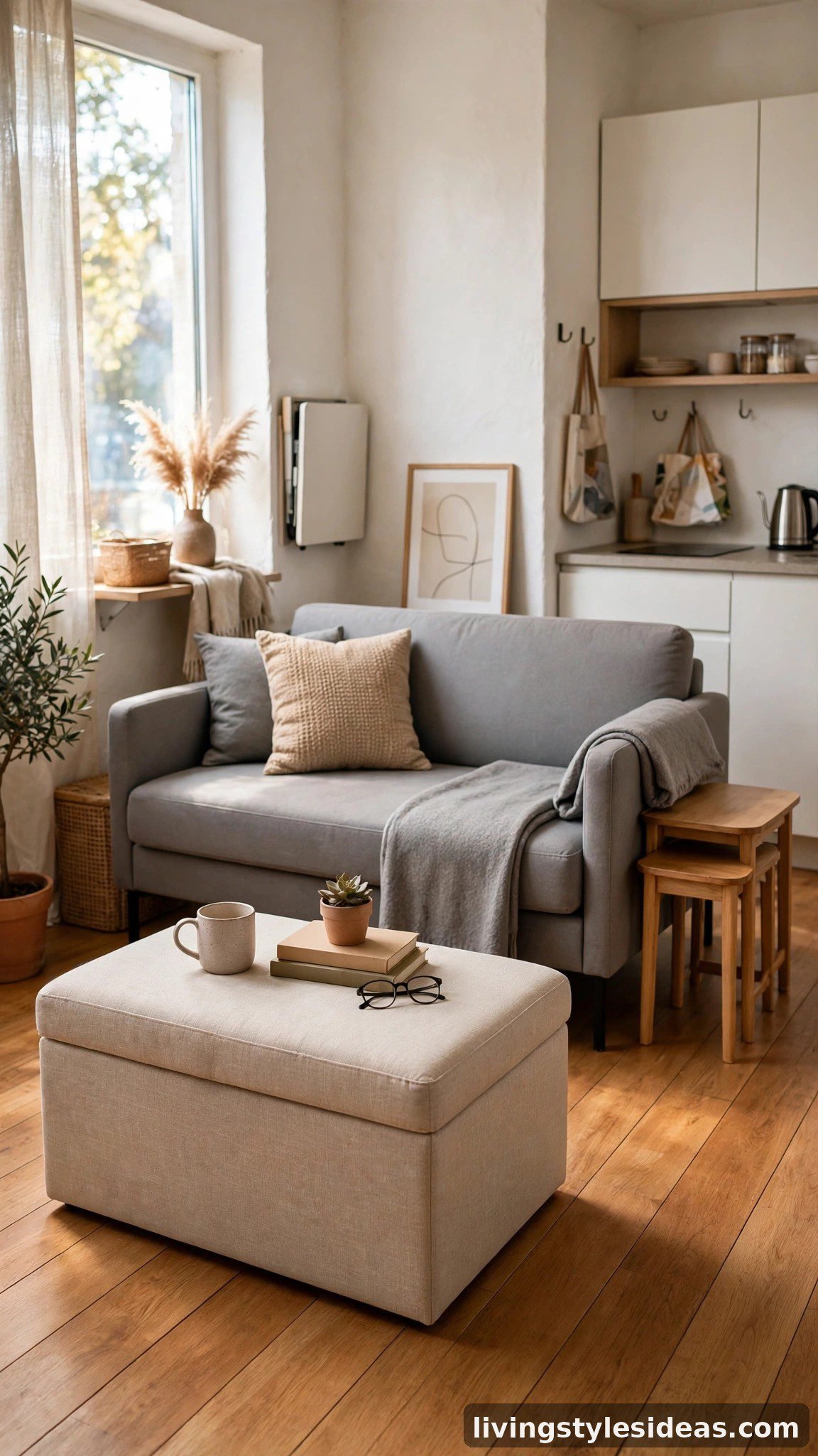 Multifunctional storage ottoman and sleeper sofa in a studio apartment