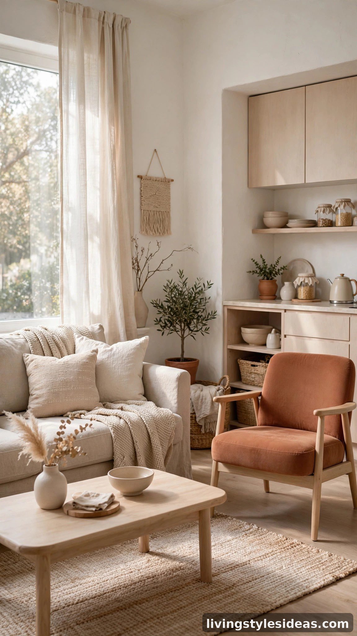 Light cohesive color palette making a studio apartment feel larger