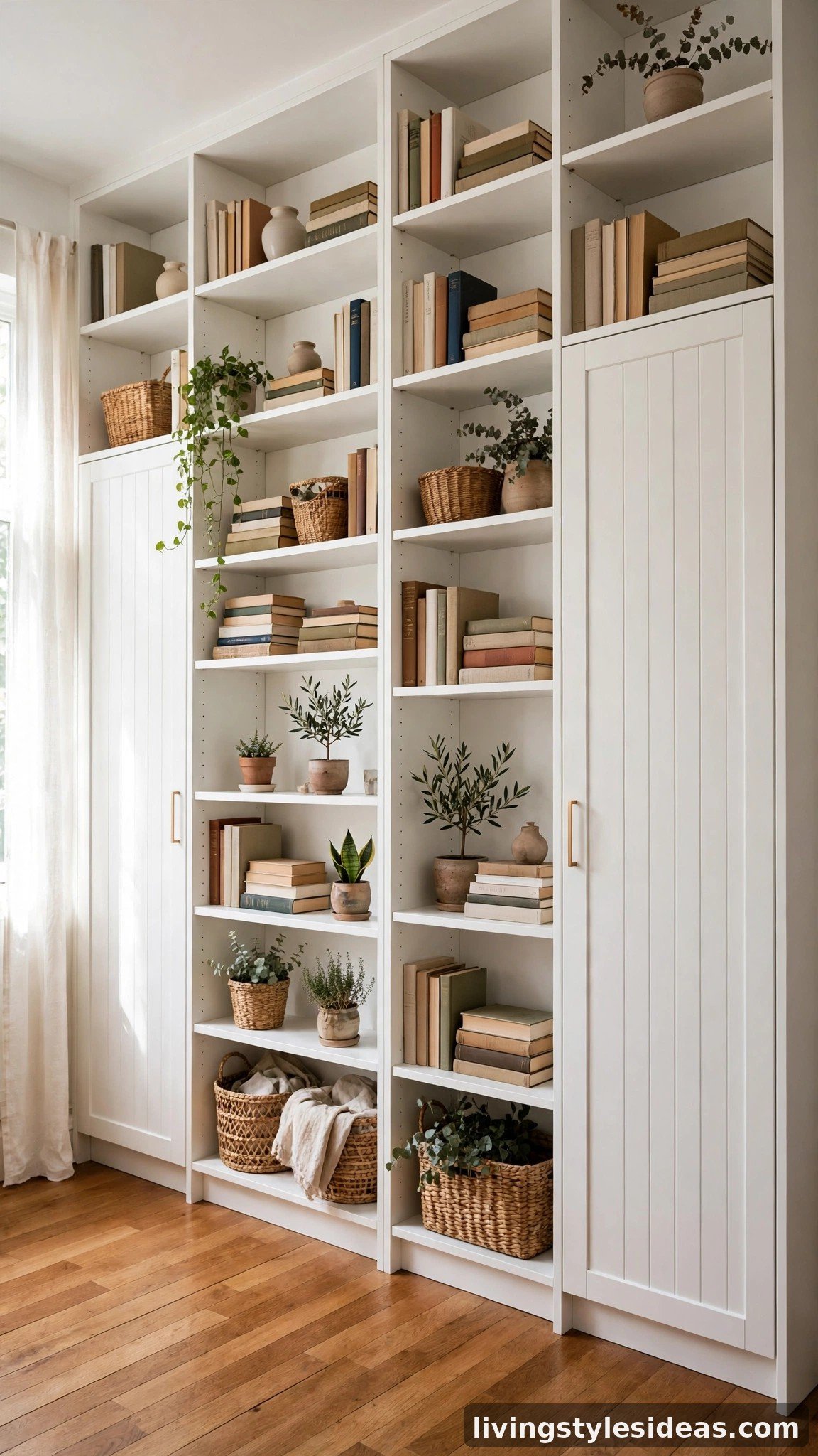 Floor-to-ceiling shelves and tall cabinets using vertical storage in a studio