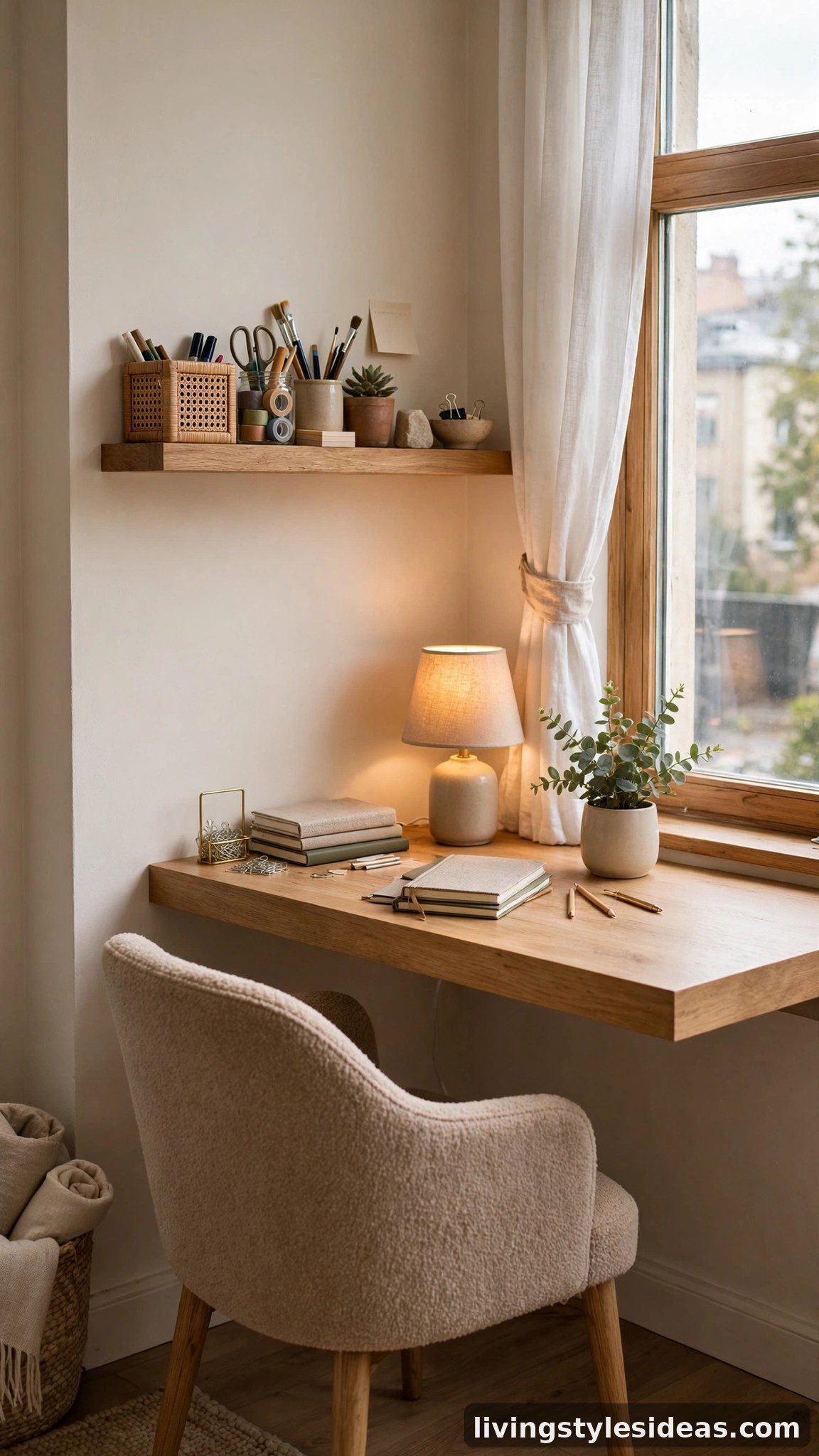 Compact floating desk workspace nook in a studio apartment corner