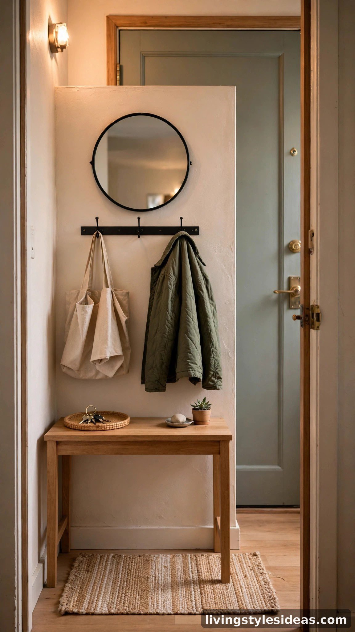 Mini entryway with console table and hooks in a studio apartment