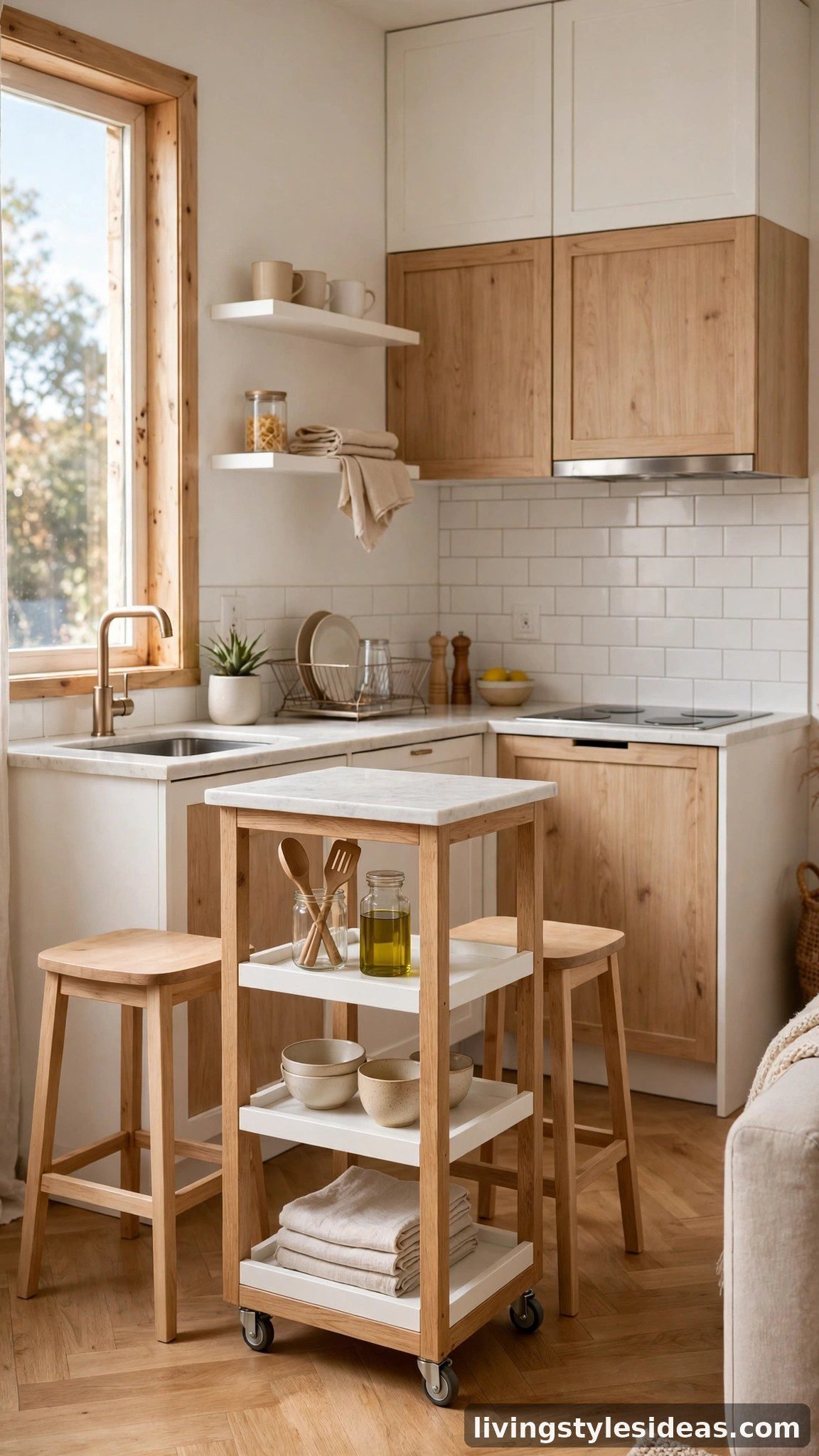 Slim rolling kitchen island doubling as a dining bar in a studio apartment
