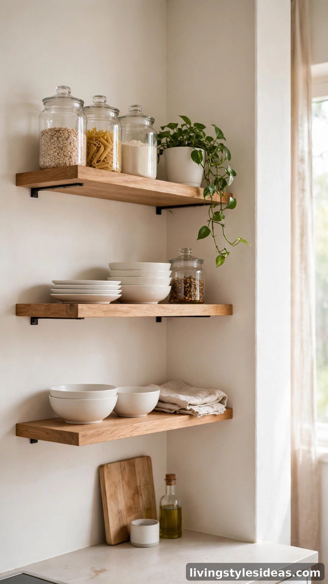 Open wooden shelves styled with dishes in a studio apartment kitchen corner