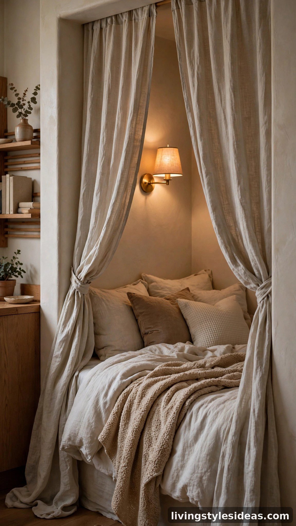 Cozy curtained bed nook tucked into a studio apartment alcove