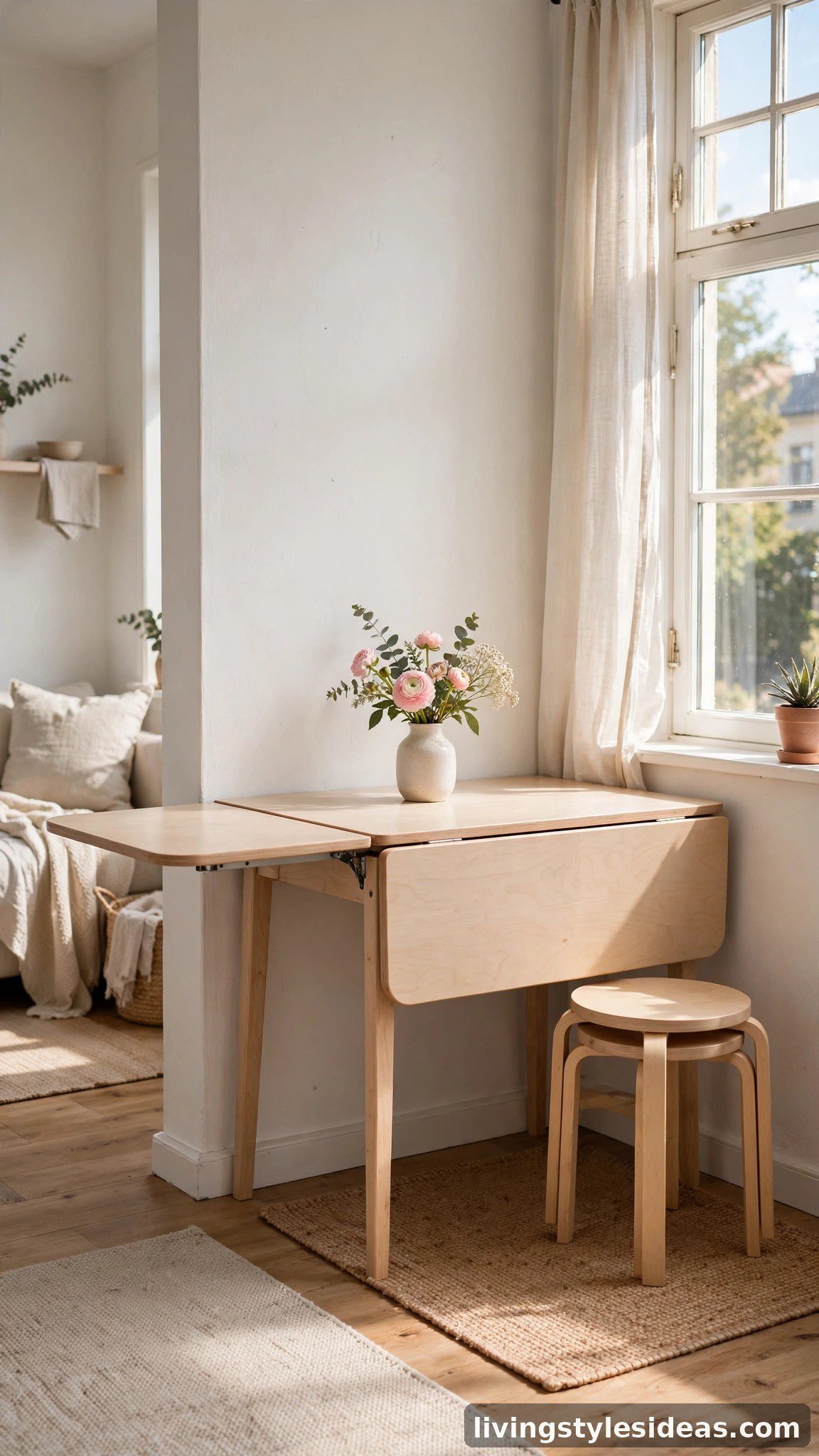 Drop-leaf dining table in a small studio apartment dining area