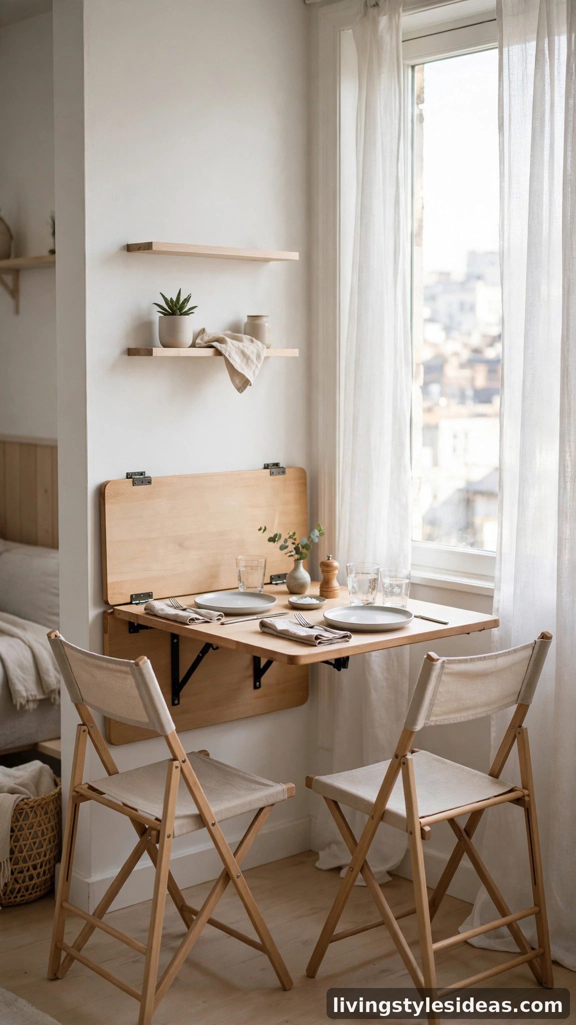 Wall-mounted fold-down dining table in a compact studio apartment