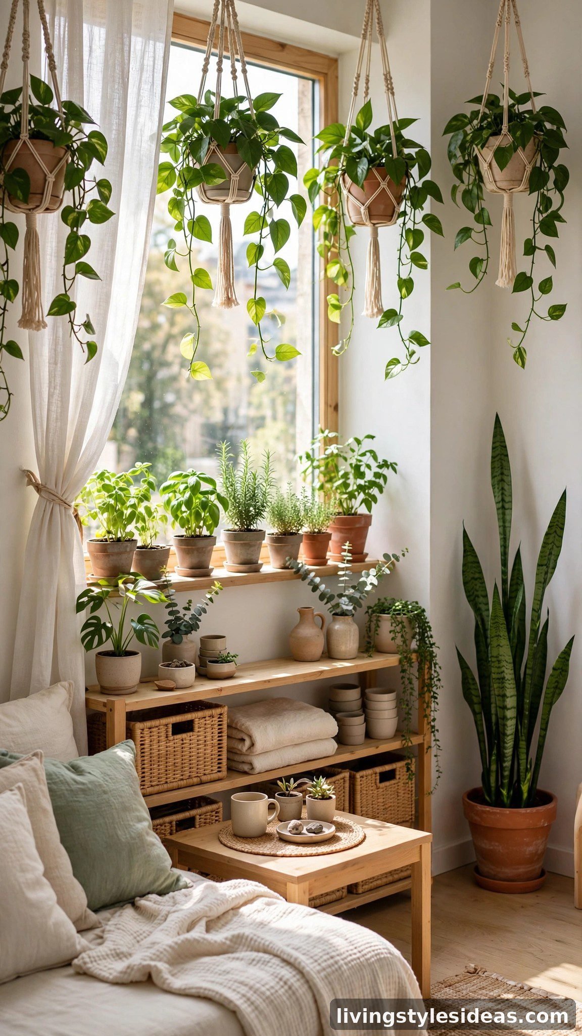 Lush indoor plants adding life to a small studio apartment