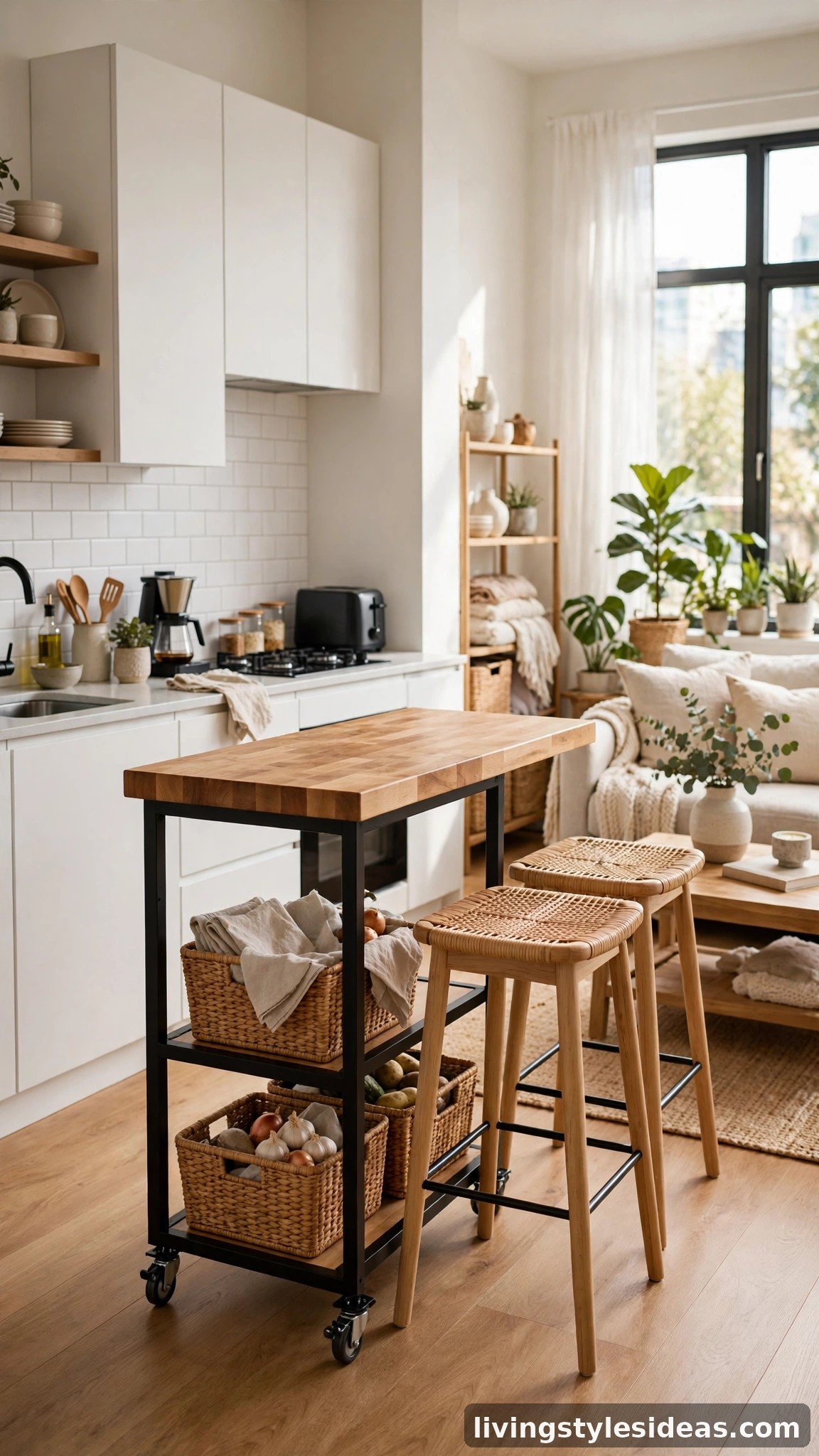 Rolling kitchen island adding counter space in a studio apartment