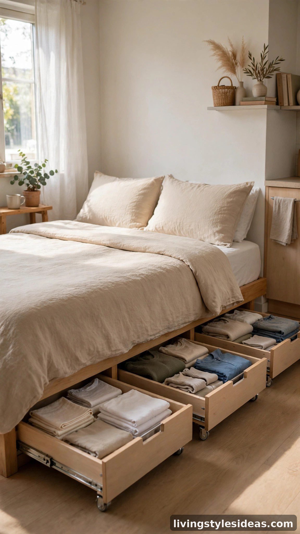 Rolling storage drawers tucked under a bed in a studio apartment