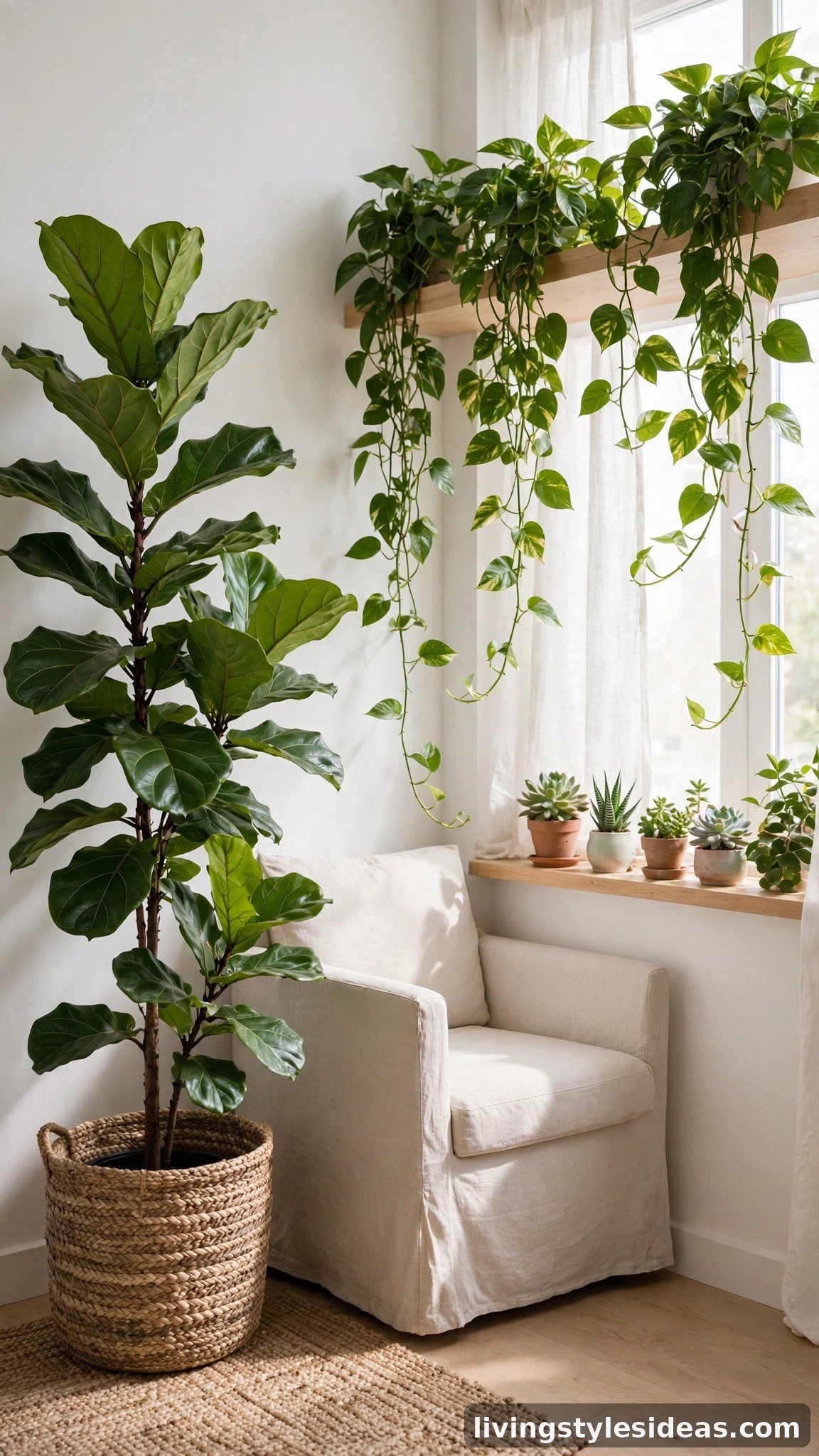 Lush indoor plants adding greenery to a bright studio apartment