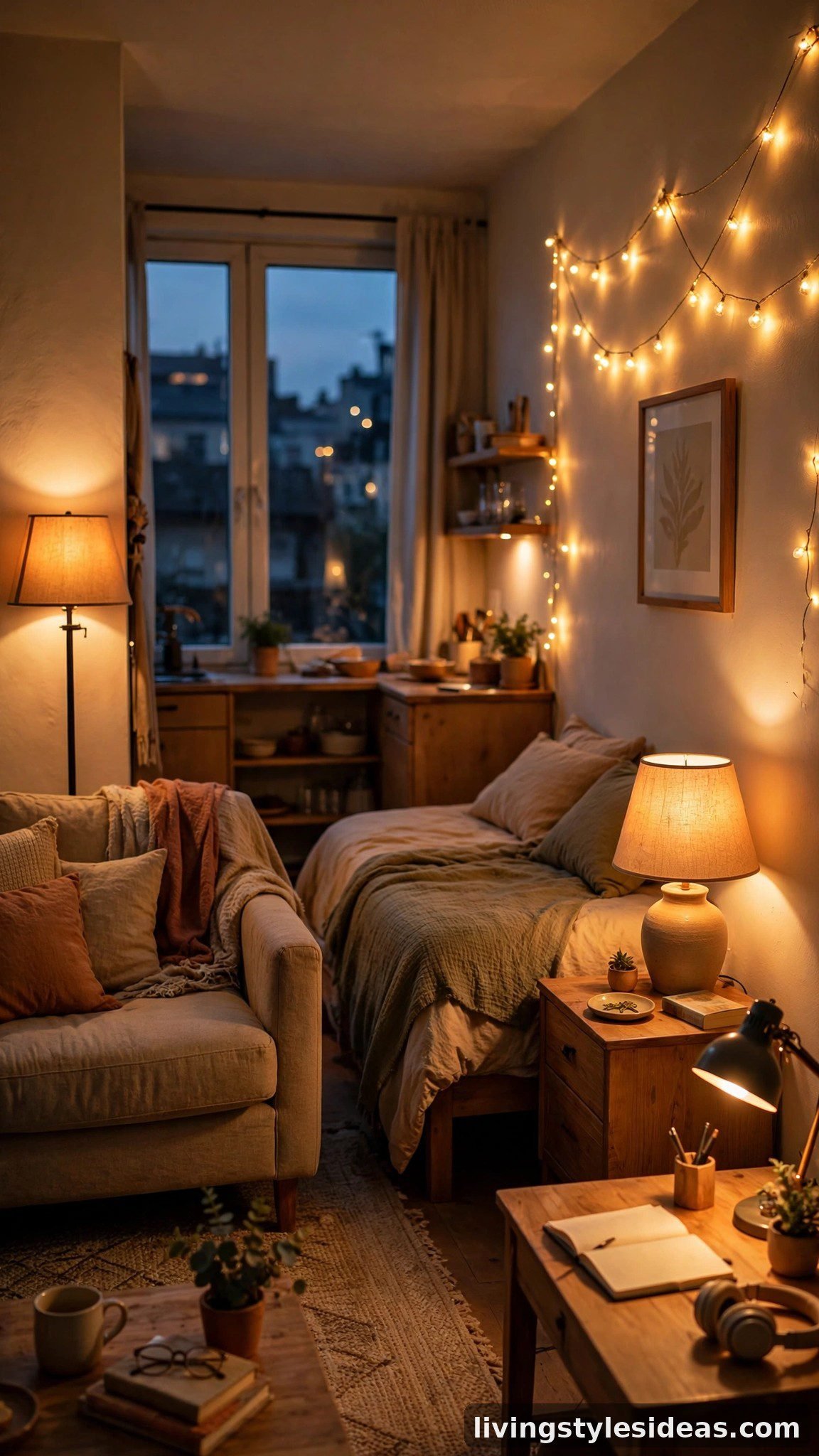 Layered warm lighting making a studio apartment feel cozy at night