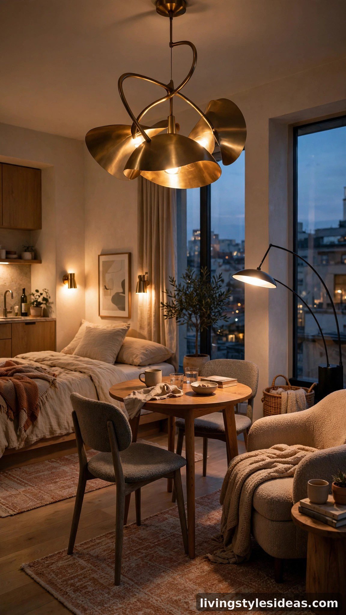 Statement pendant light and floor lamp zoning a studio apartment