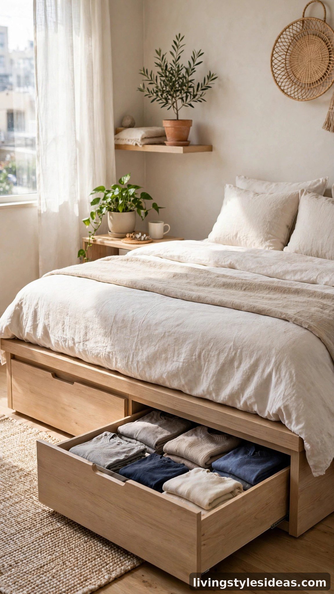 Sleek rolling under-bed storage drawers in a studio apartment