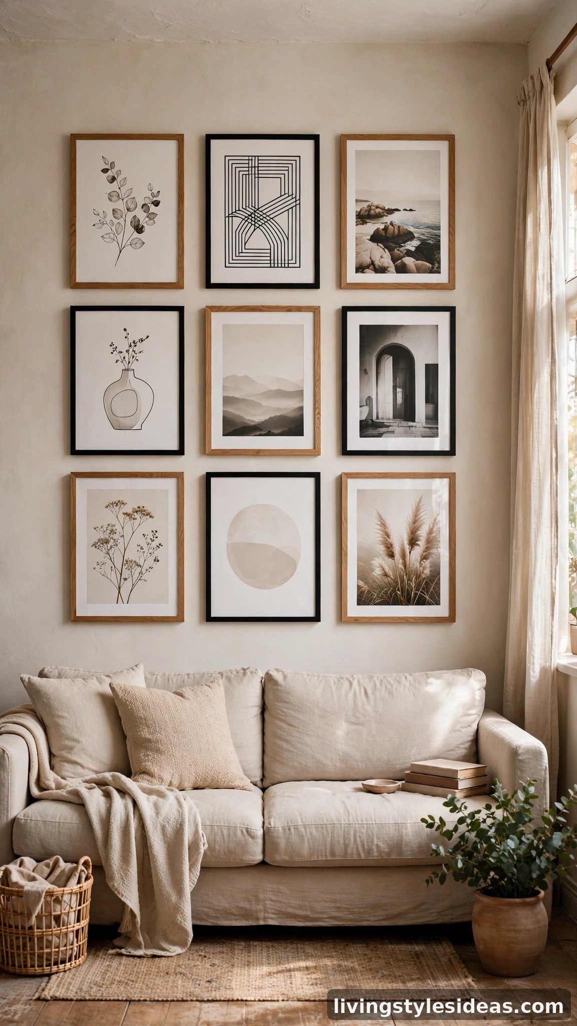 Curated gallery wall of framed art personalizing a studio apartment
