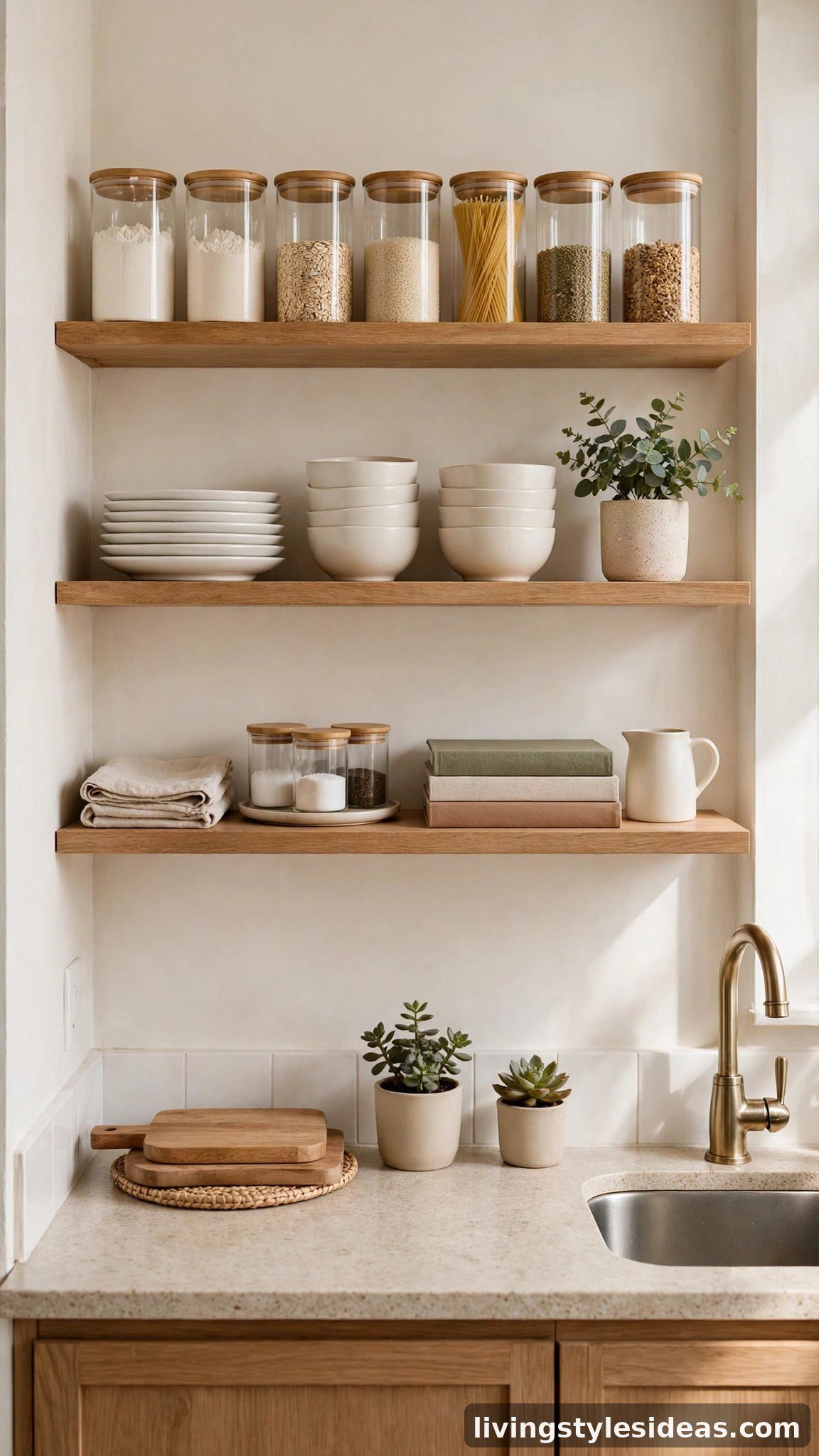 Beautifully styled open kitchen shelving in a small studio apartment