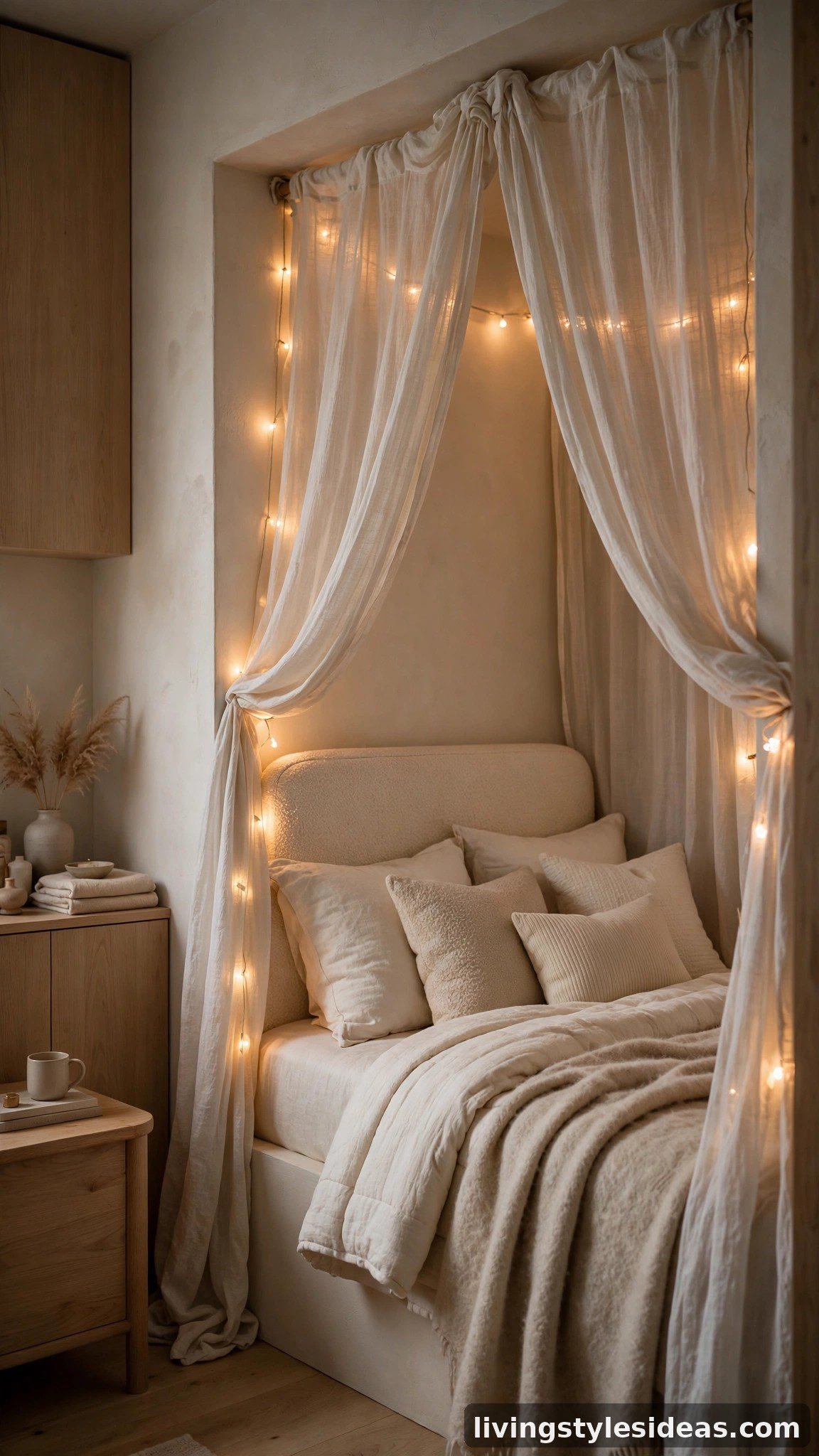 Cozy bed nook with canopy curtains and layered bedding in a studio