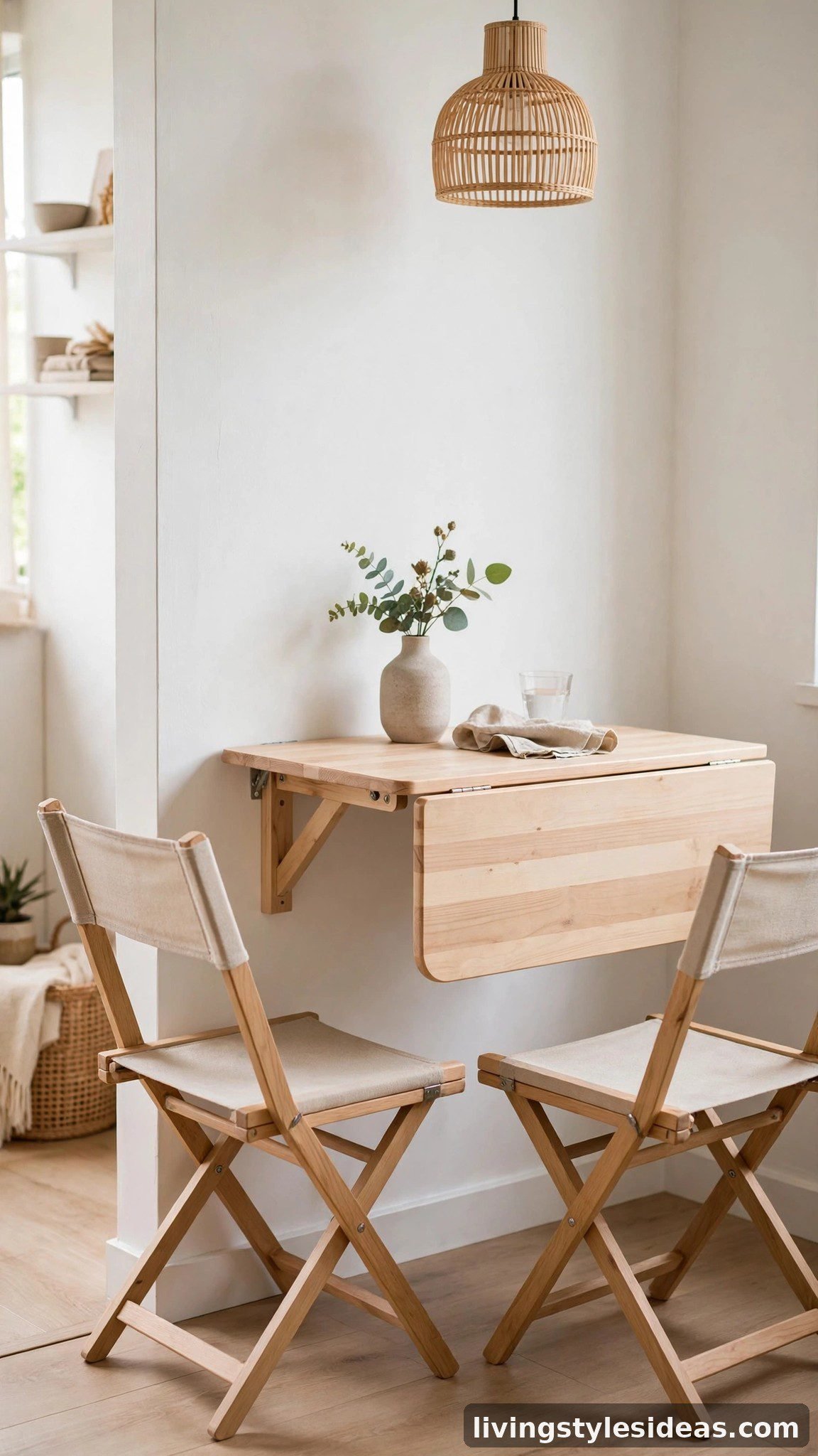 Wall-mounted drop-leaf dining table in a compact studio apartment