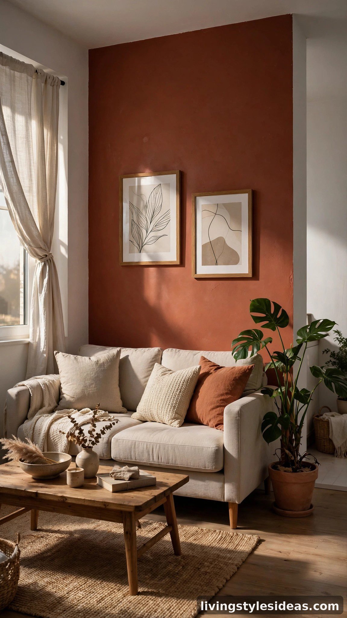 Bold terracotta accent wall defining the living zone of a studio apartment