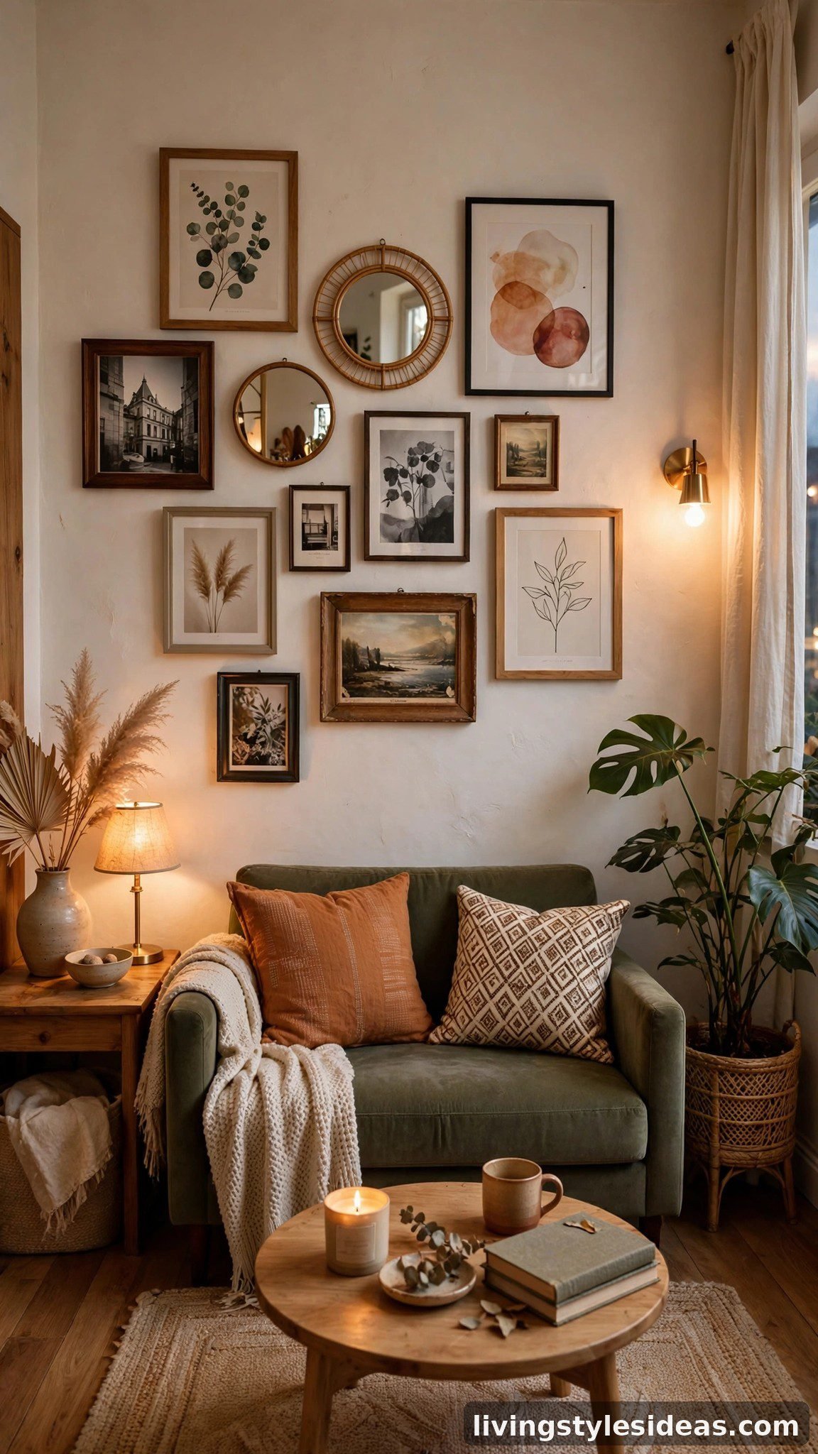 Eclectic gallery wall adding personality above a studio apartment sofa