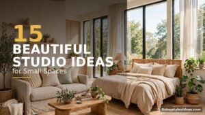 Beautiful studio apartment with defined zones, light palette and cozy bed nook