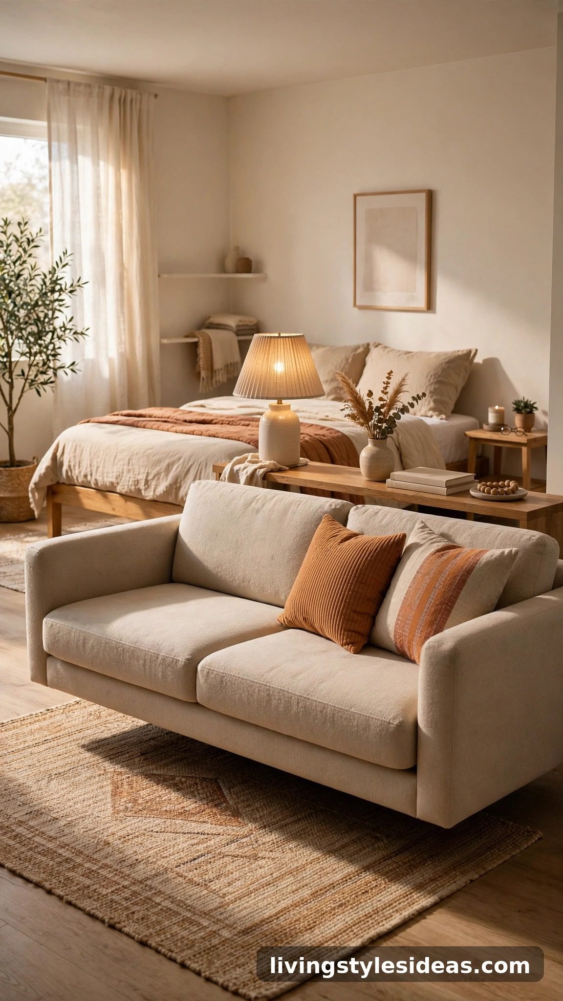 Studio living area with sofa floated off the wall and console table behind it