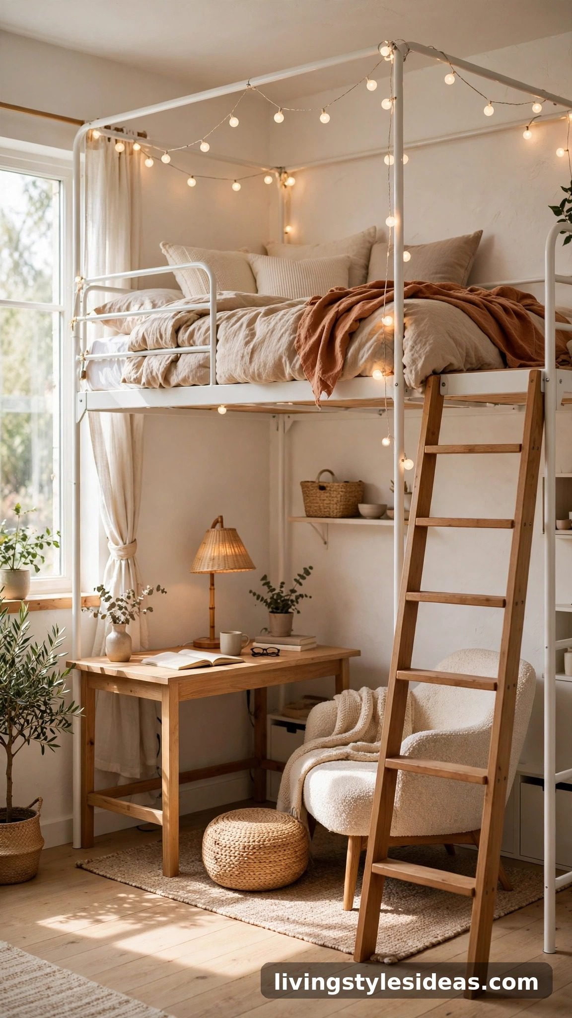 Loft bed with cozy sleeping nook above and desk lounge underneath in a studio