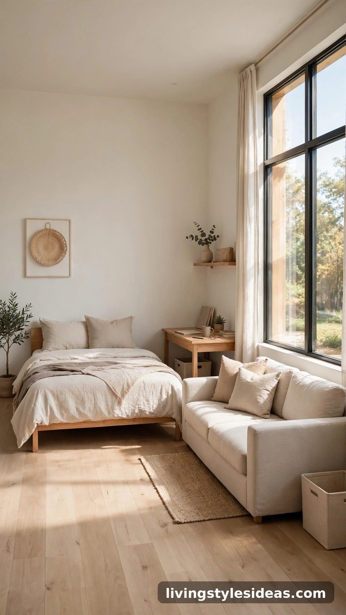 Studio furniture arranged in an L-shape along two walls with open center floor