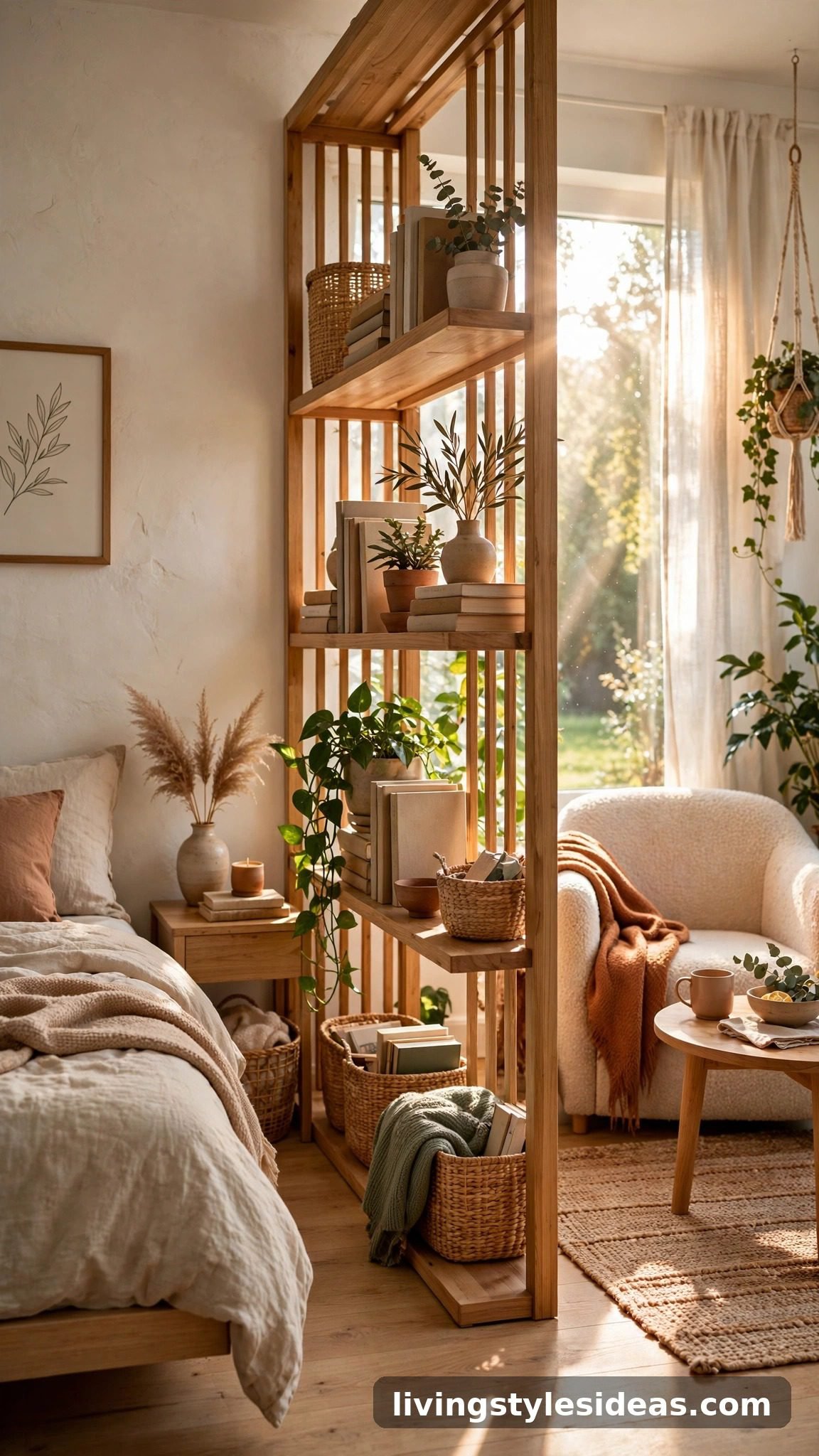 Open-back bookshelf used as a room divider between bed and living area