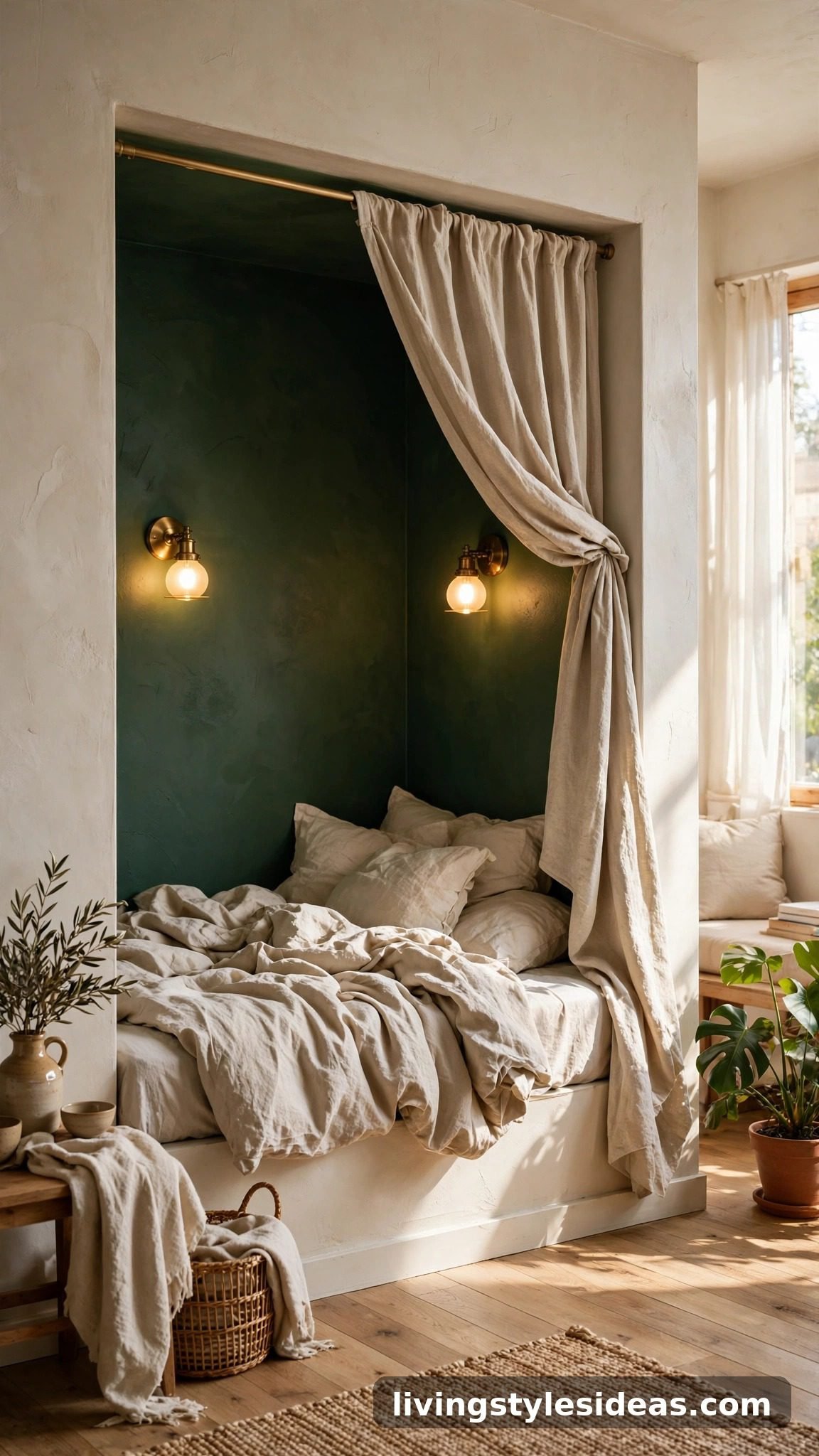 Bed tucked into a recessed wall alcove with sconces and a privacy curtain