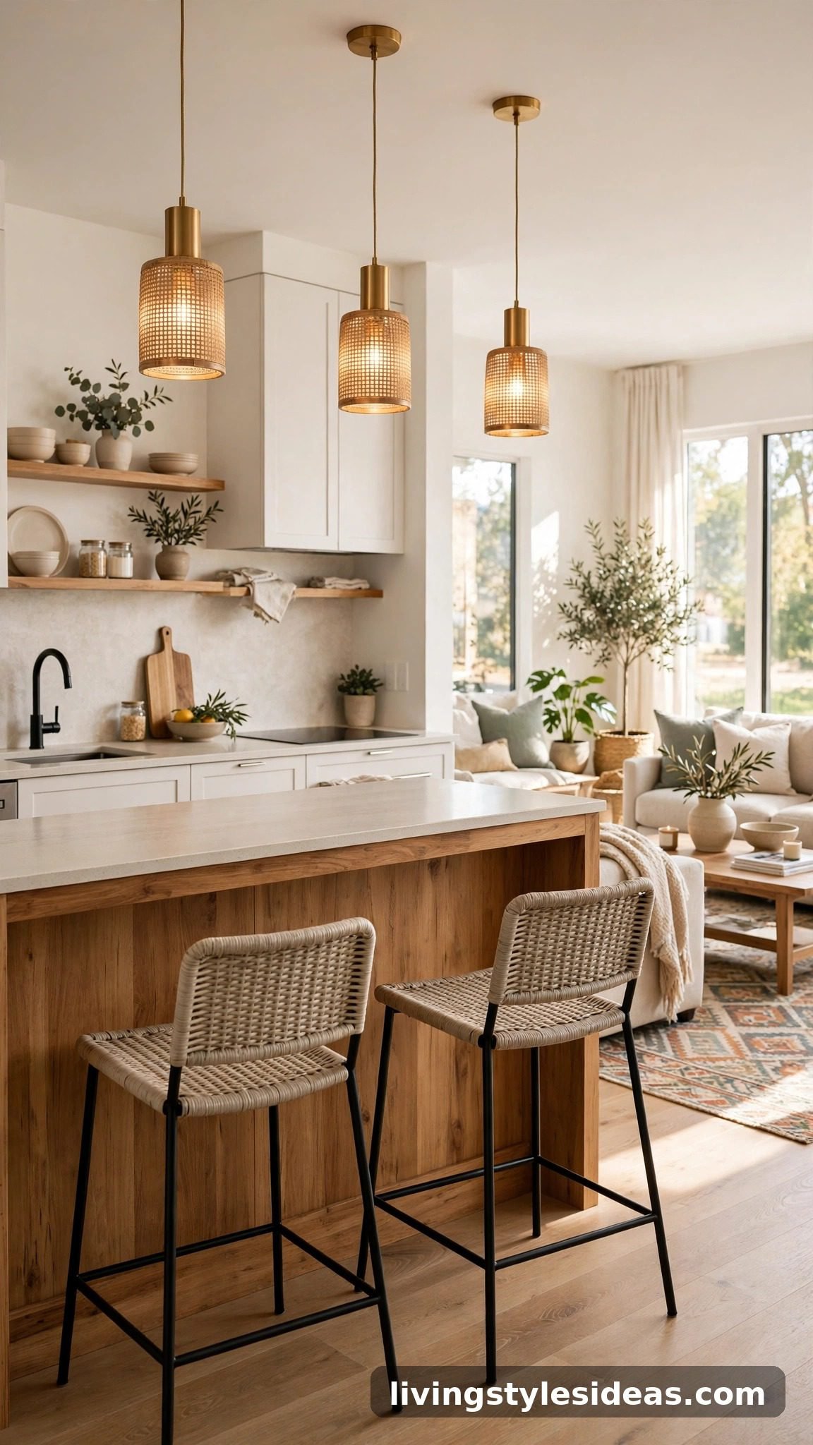 Freestanding kitchen island with stools separating kitchen from living zone