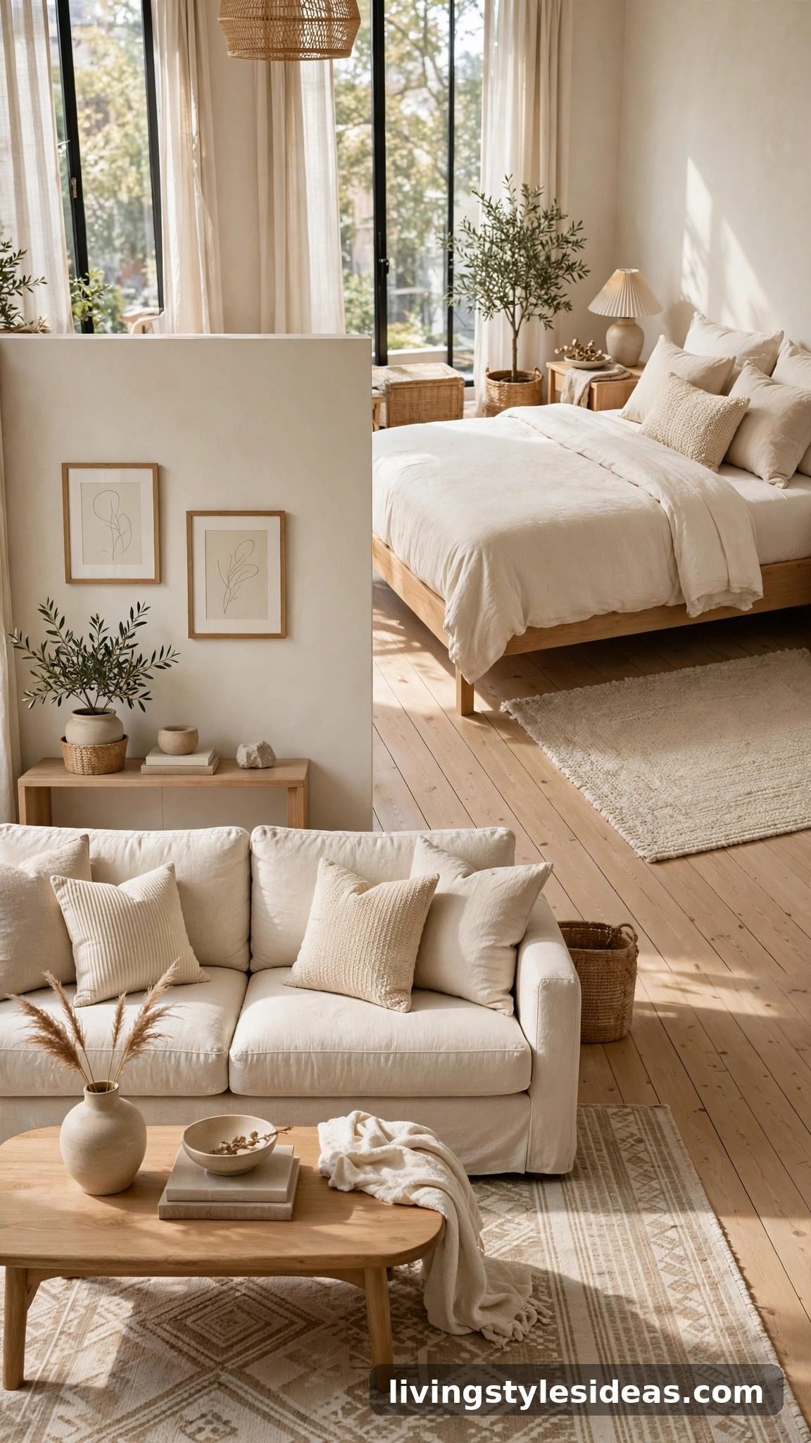 Two area rugs defining living and sleeping zones in an open studio