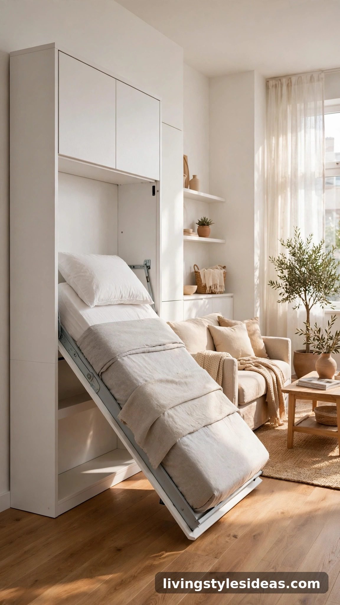Modern Murphy wall bed half-folded in a bright minimalist studio