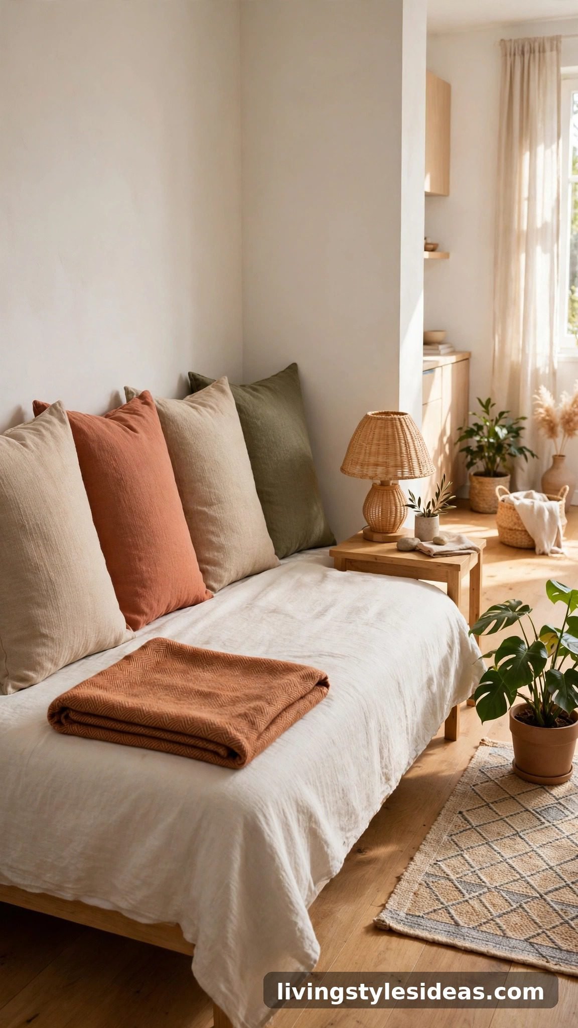 Bed pushed into a corner styled as a daybed with large pillows