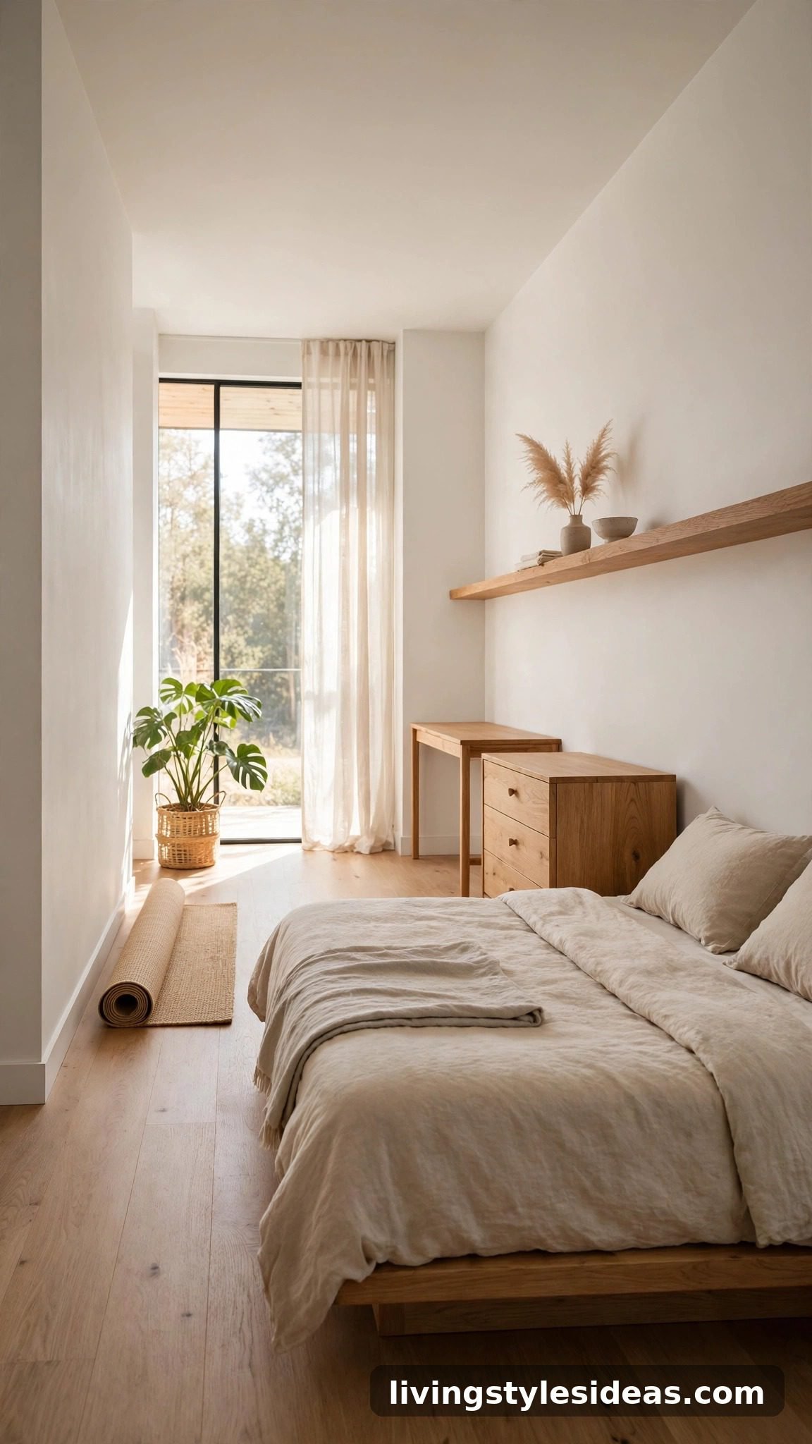 Bed dresser and desk lined along one wall with open floor opposite