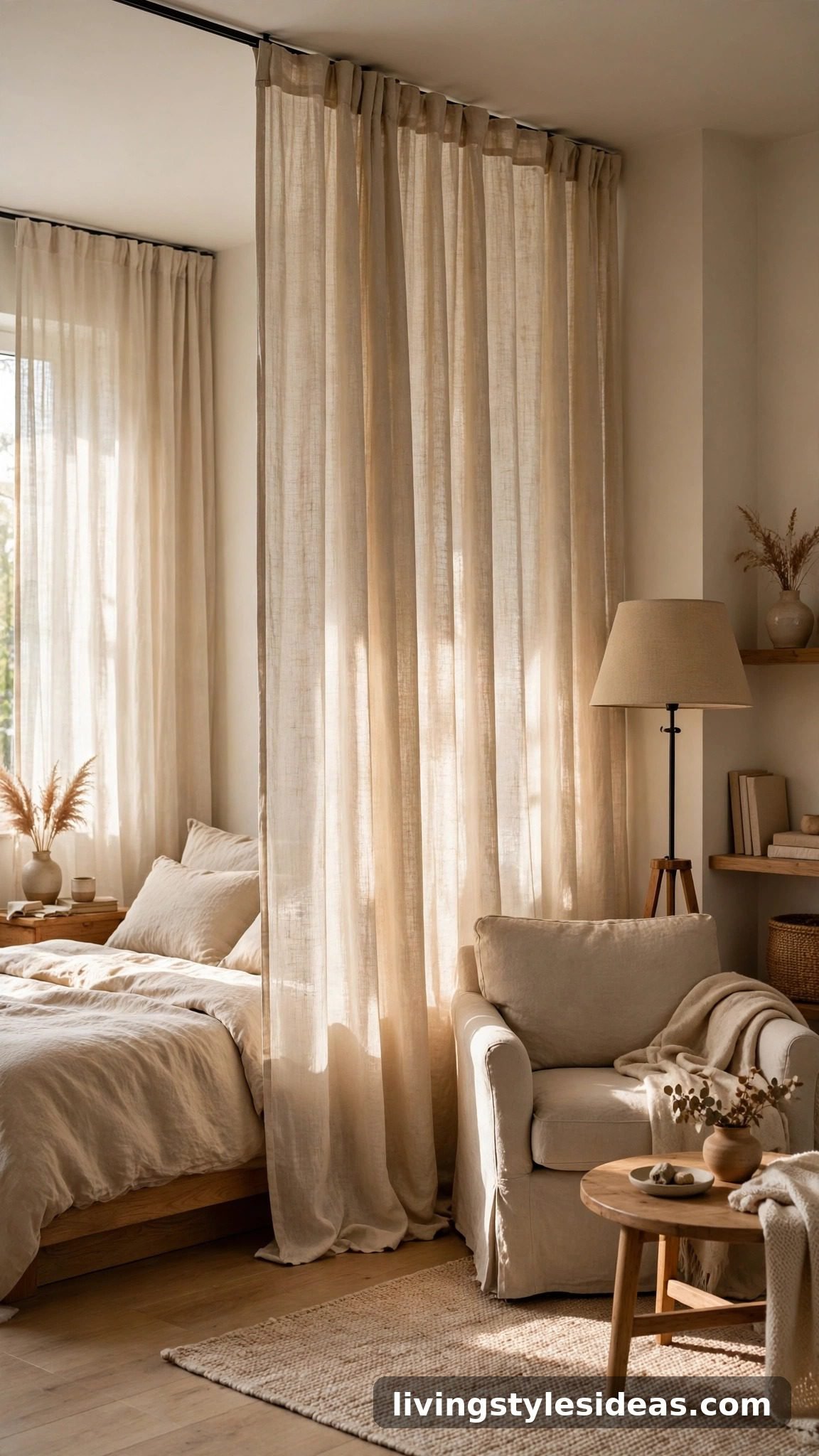 Floor-to-ceiling linen curtains on a track dividing bed from living area