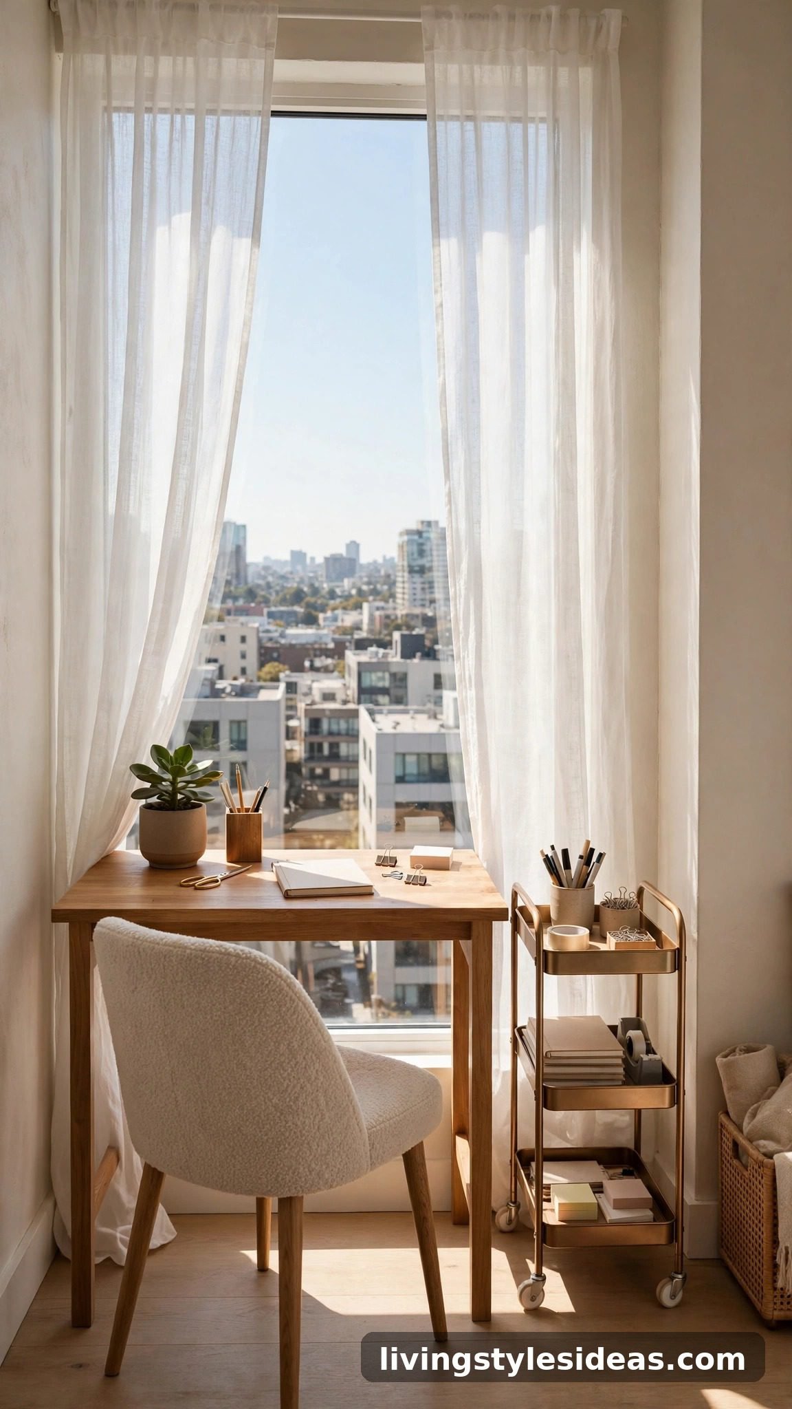 Narrow desk work zone placed directly in front of a bright studio window