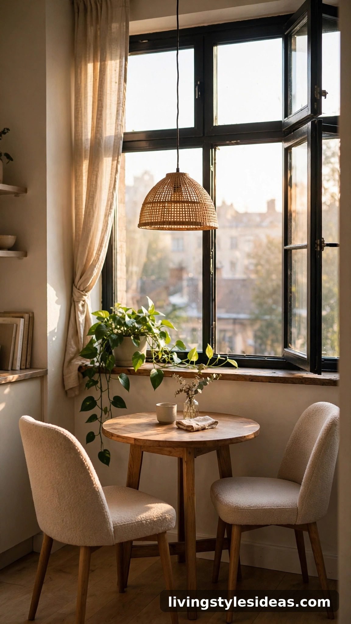 Round dining table with two chairs in a window nook with pendant light