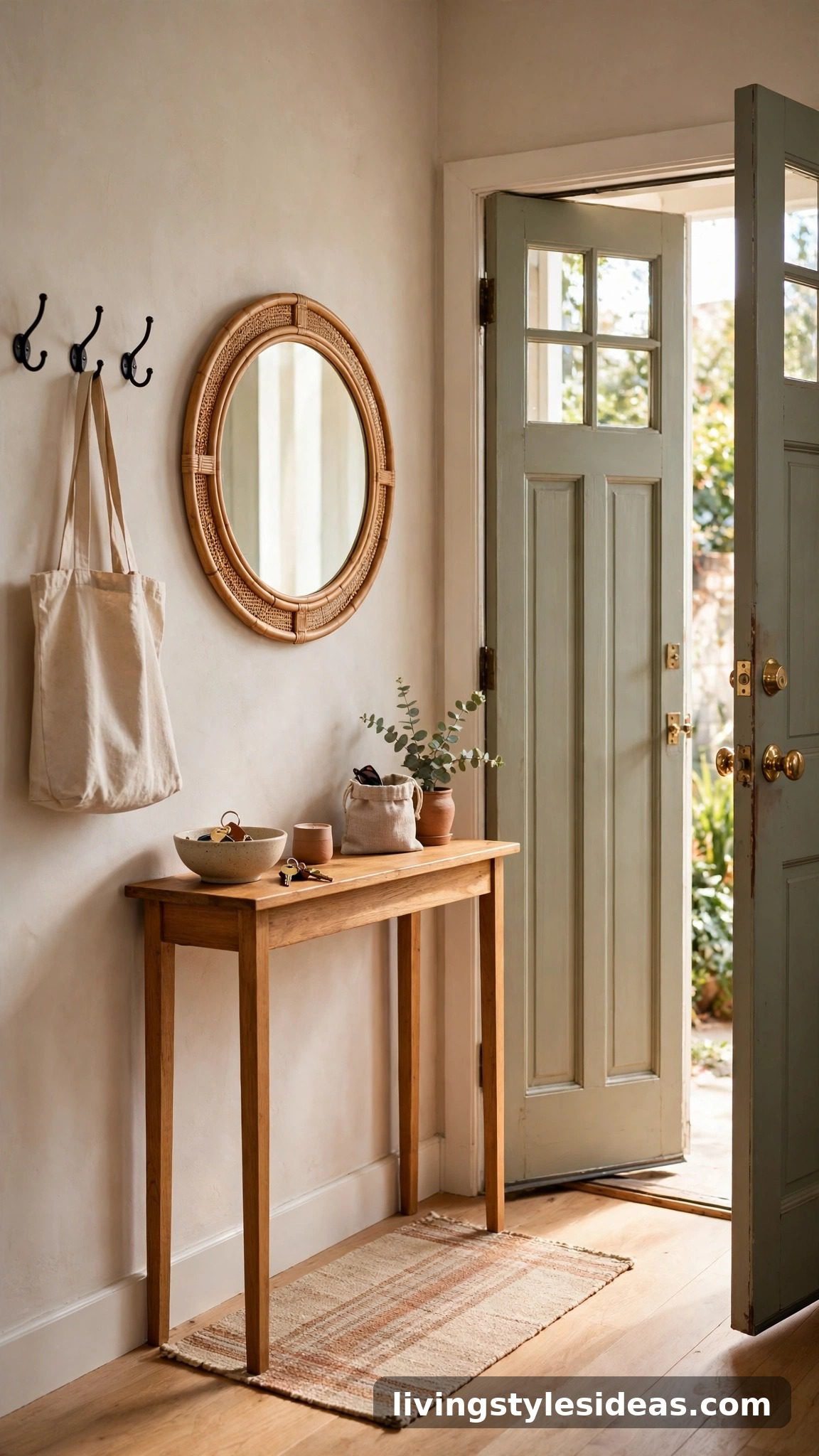 Faux entry foyer with console table rug and wall hooks inside studio door