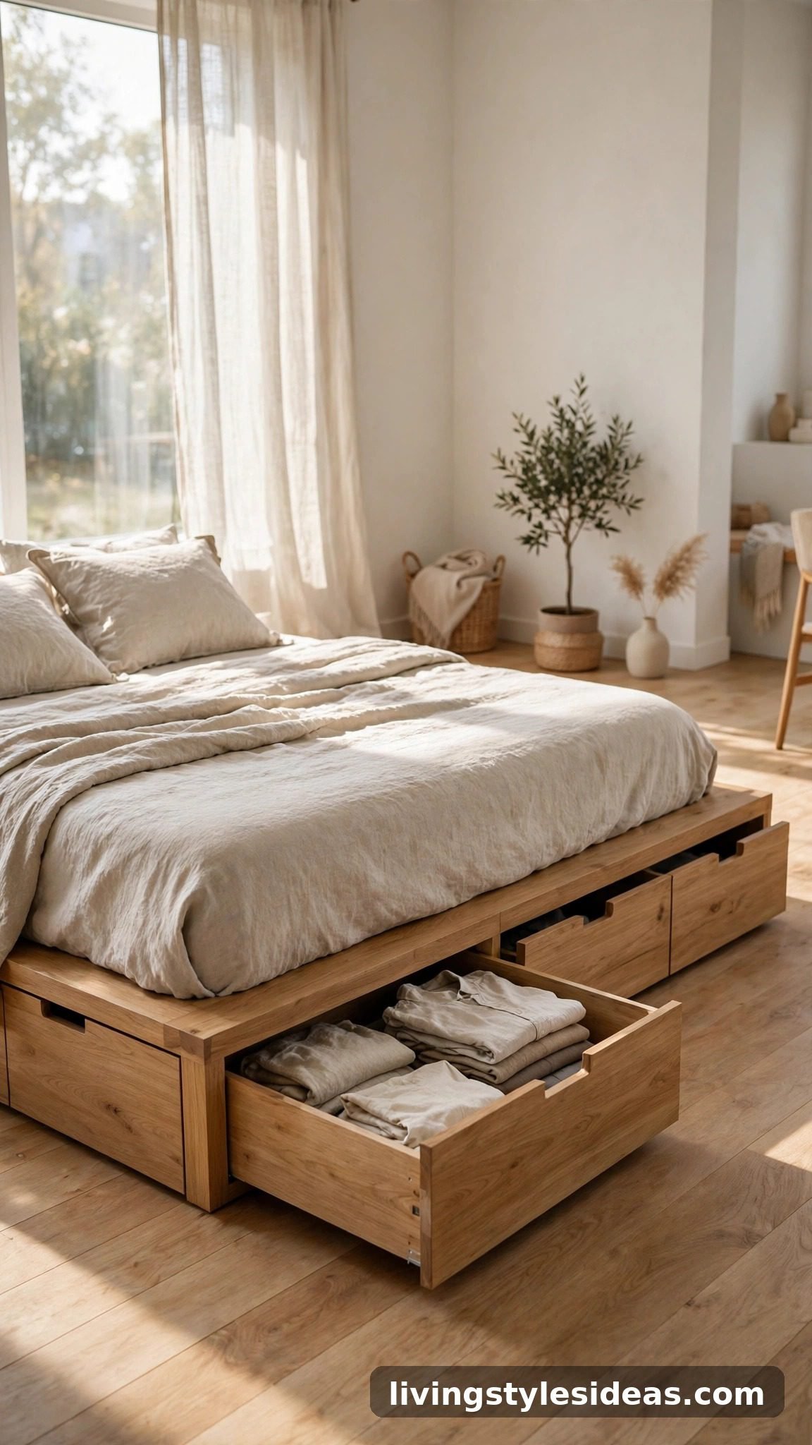 Low platform bed with pull-out storage drawers underneath