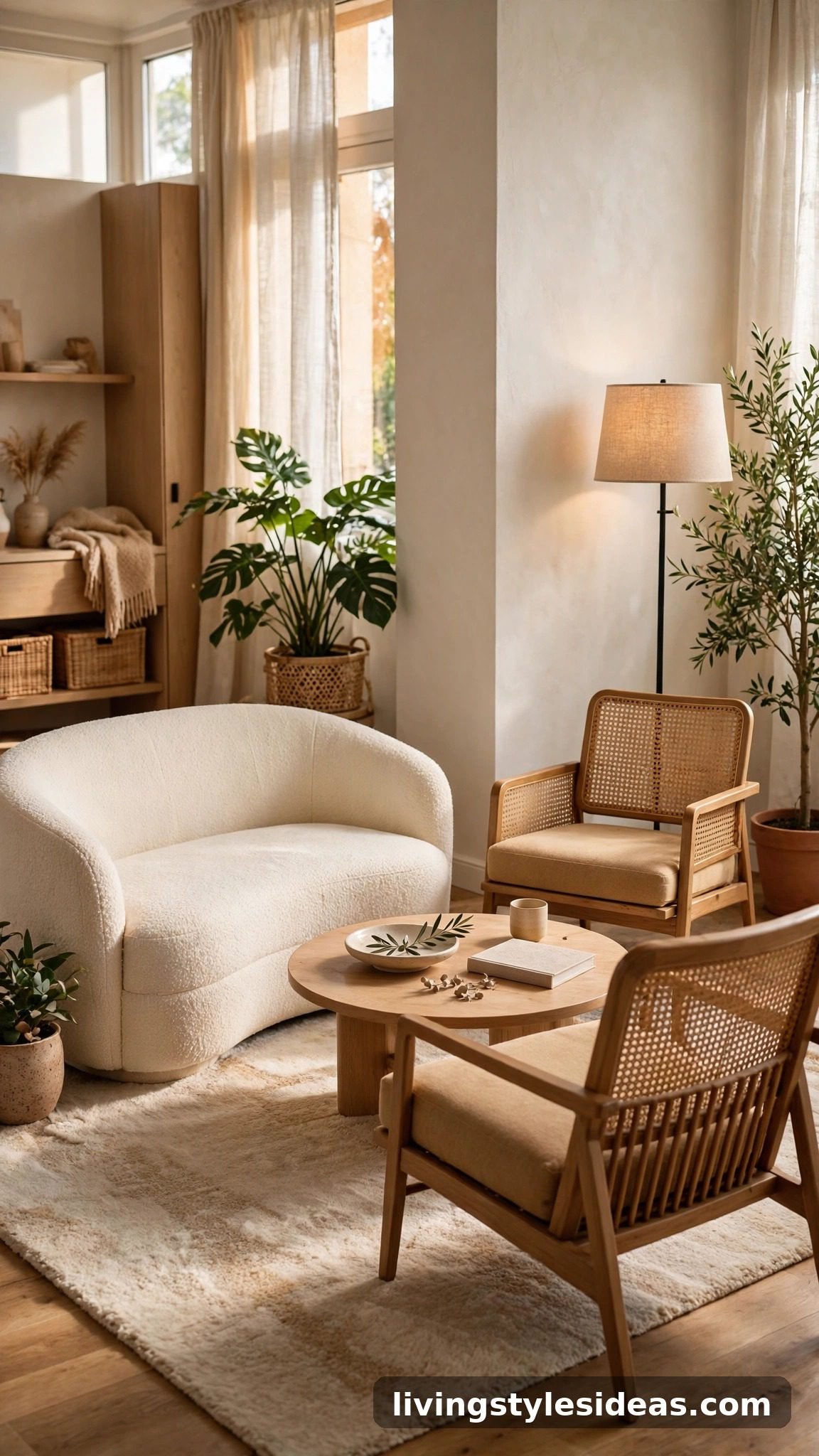 Curved loveseat and accent chairs in a conversational studio seating layout