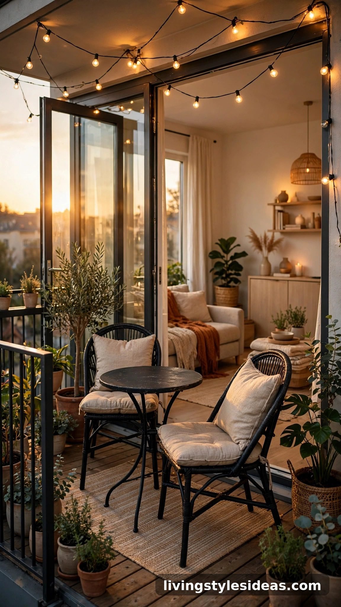 Small balcony styled as an outdoor room with bistro set and string lights