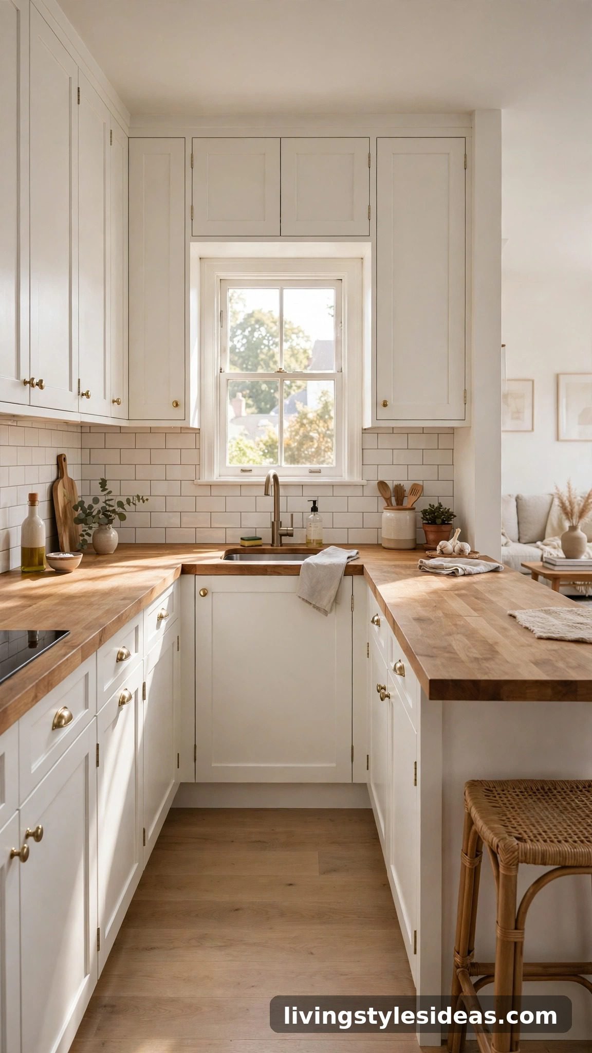 Compact U-shaped kitchen with counters wrapping three sides in a studio