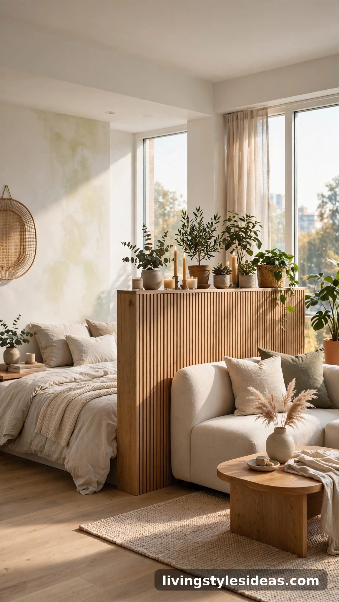 Half-height pony wall dividing sleeping area from living area