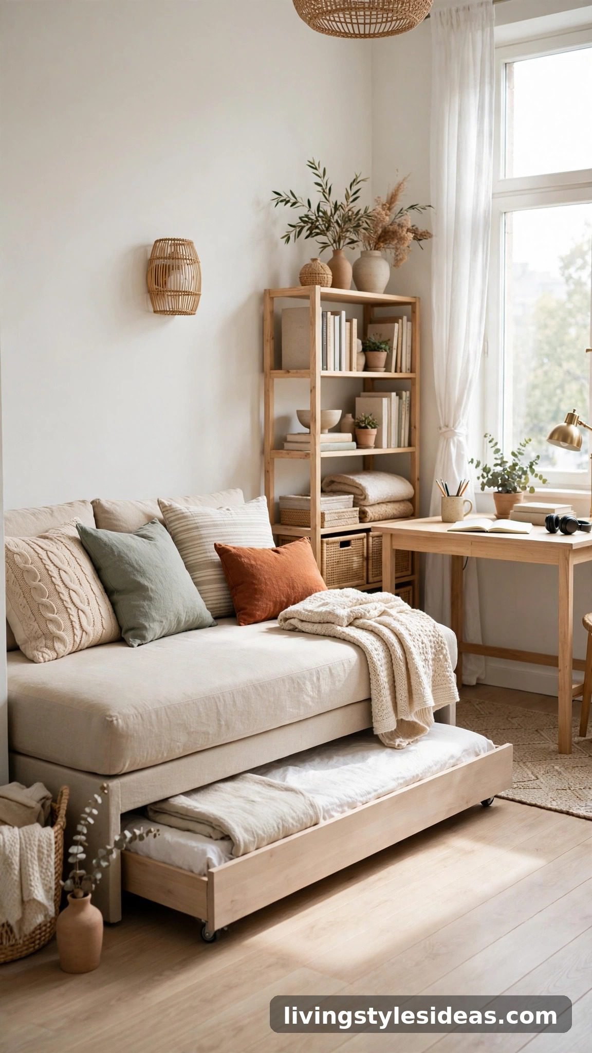 Daybed styled as a sofa by day in a bright Scandinavian studio